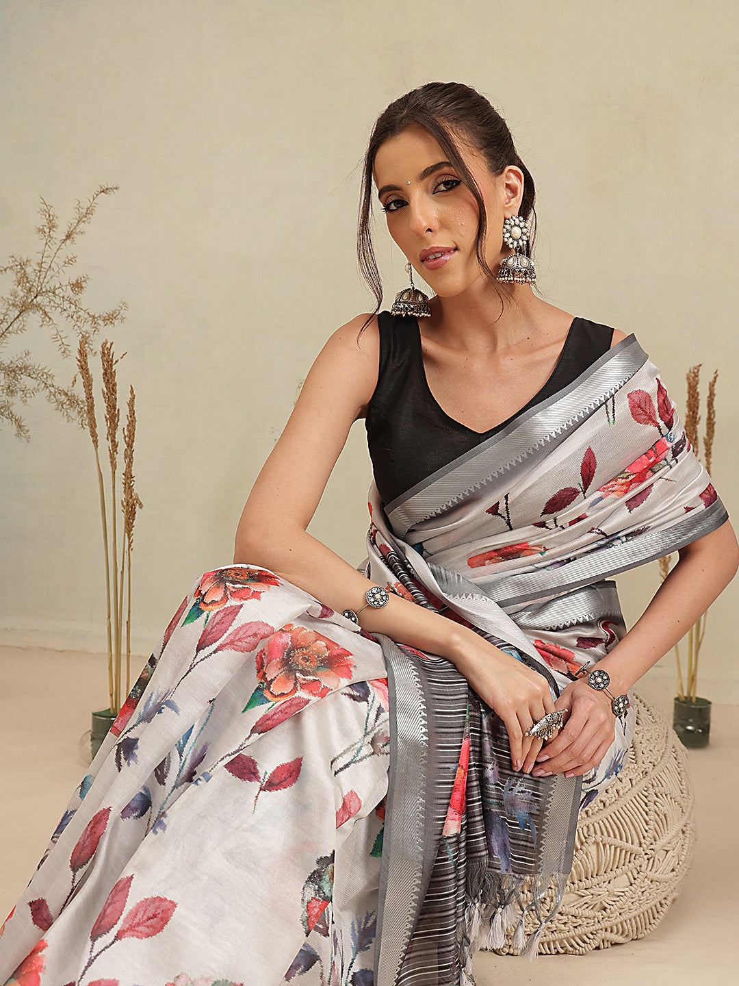 Ivory White Floral Print Saree with Striped Designer Pallu