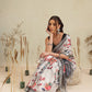 Ivory White Floral Print Saree with Striped Designer Pallu