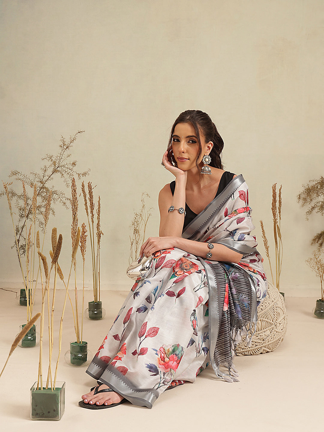 Ivory White Floral Print Saree with Striped Designer Pallu
