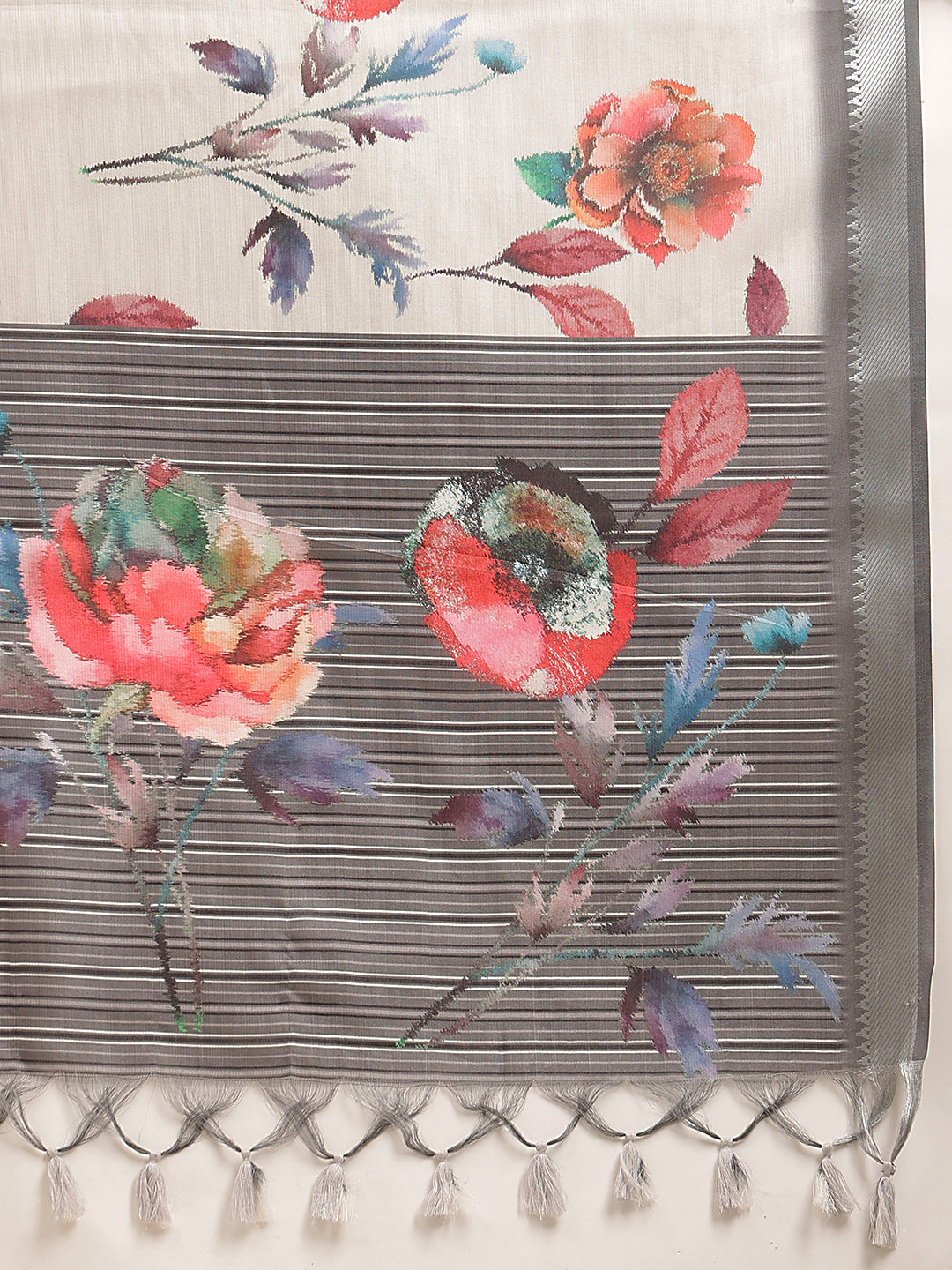 Ivory White Floral Print Saree with Striped Designer Pallu