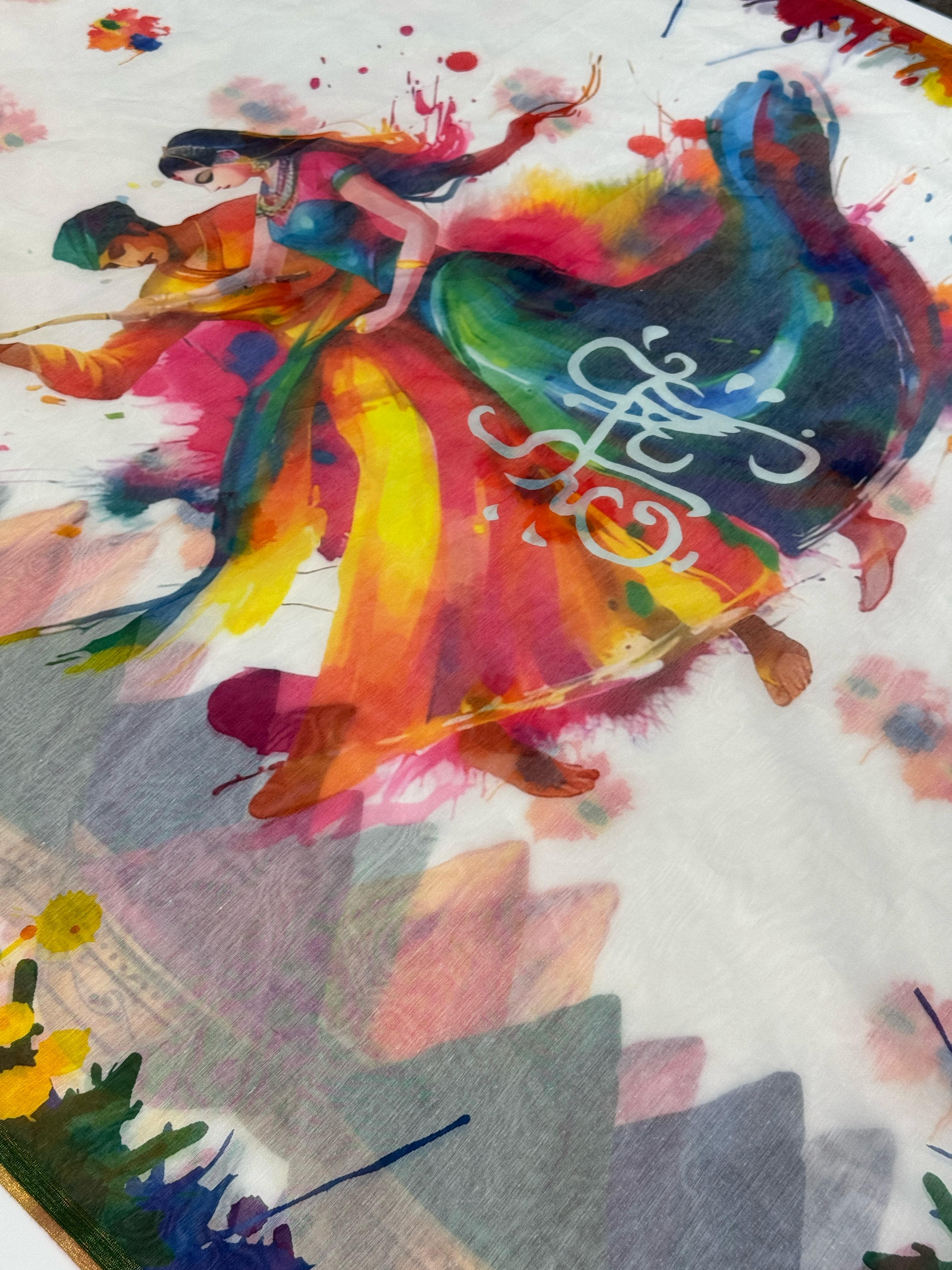 Digital Printed Holi Special Chanderi White & Multicolored Saree