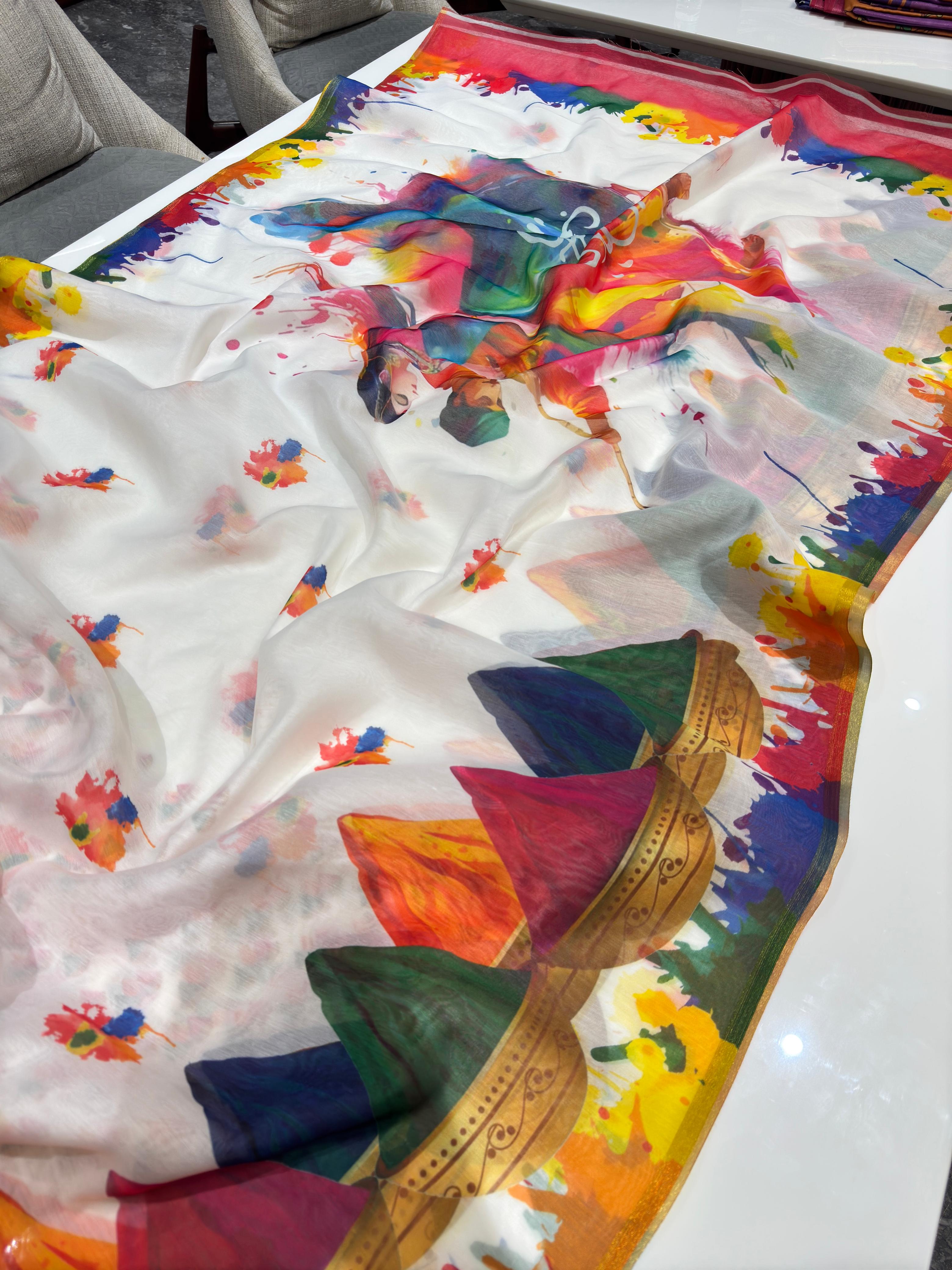 Digital Printed Holi Special Chanderi White & Multicolored Saree