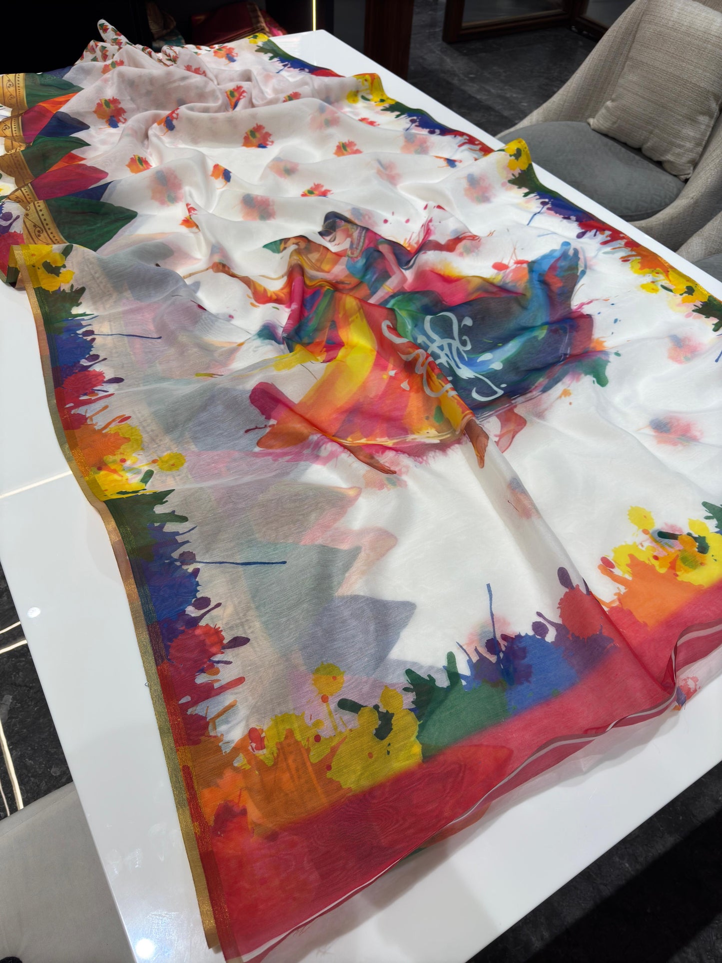 Digital Printed Holi Special Chanderi White & Multicolored Saree