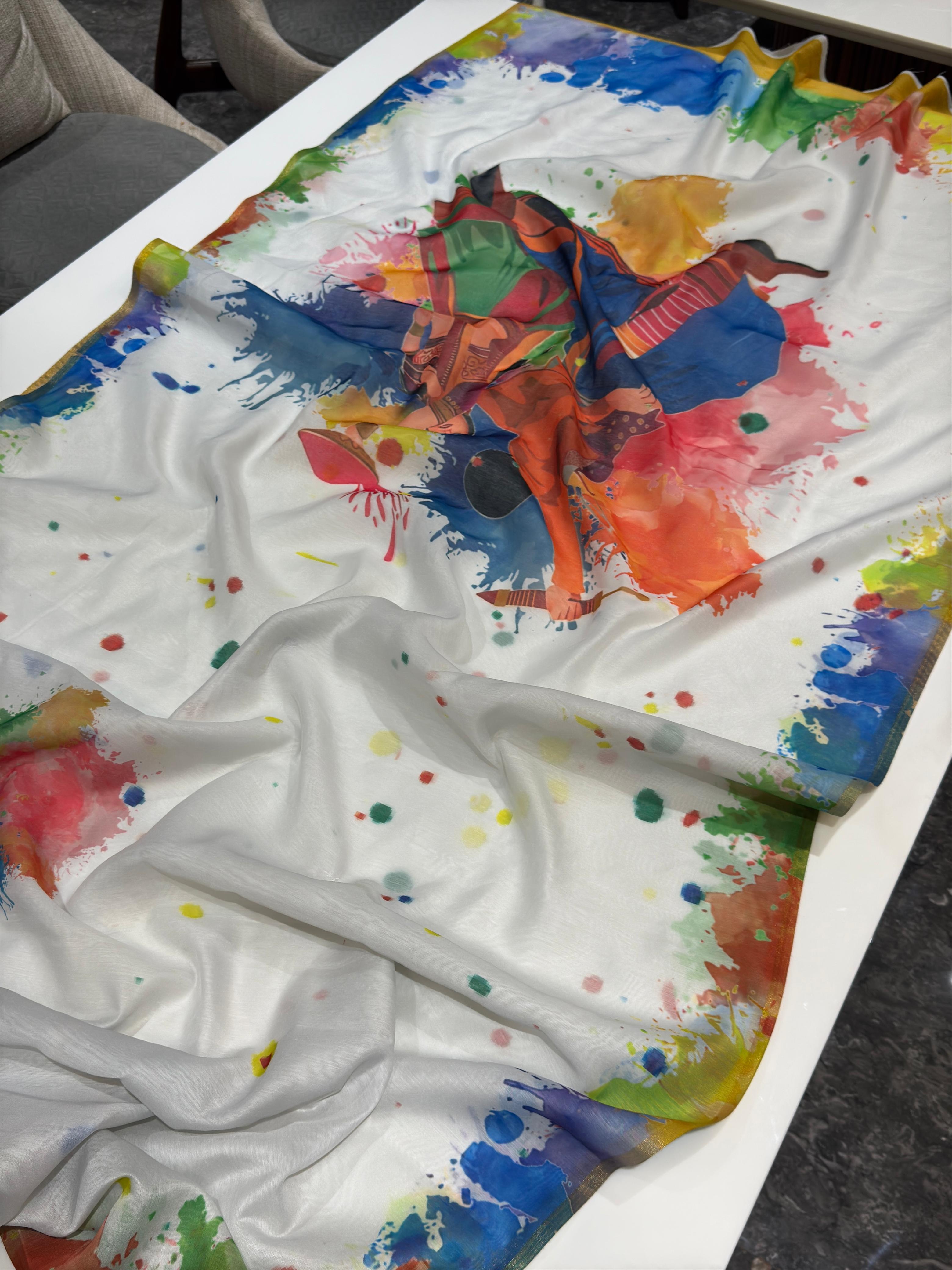 Digital Printed Holi Special Chanderi White & Multicolored Saree