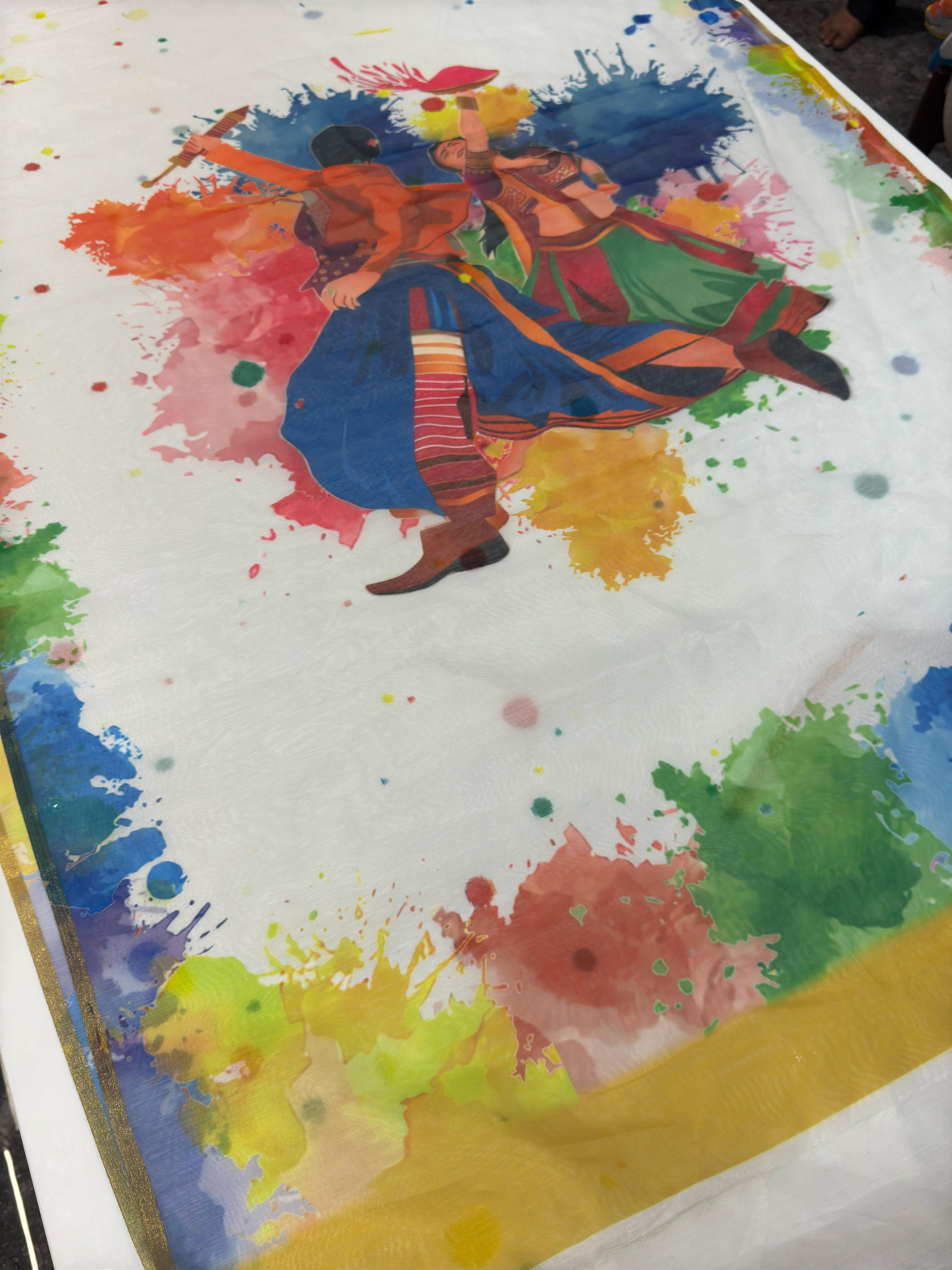 Digital Printed Holi Special Chanderi White & Multicolored Saree