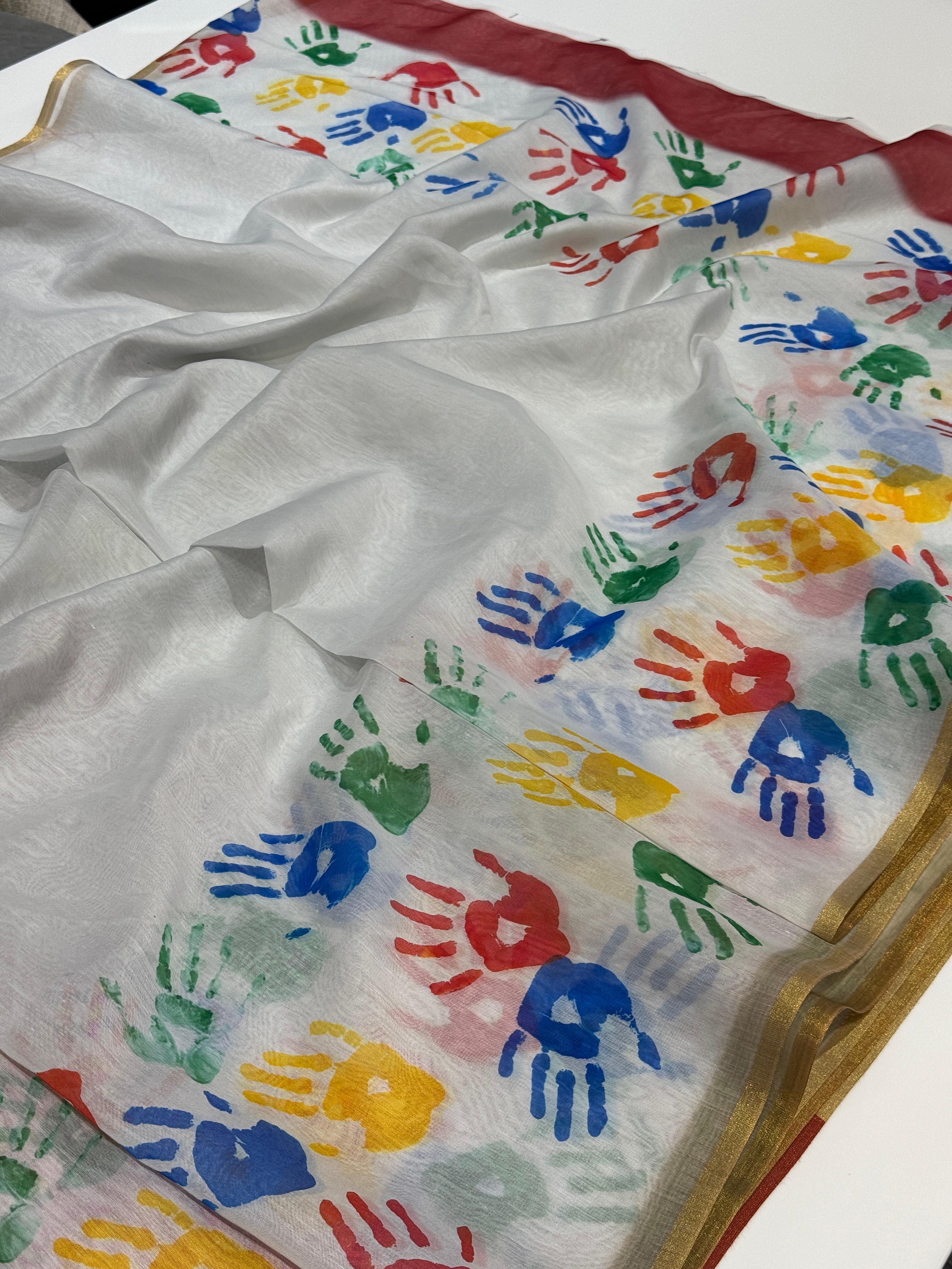 Digital Printed Holi Special Chanderi White & Multicolored Saree