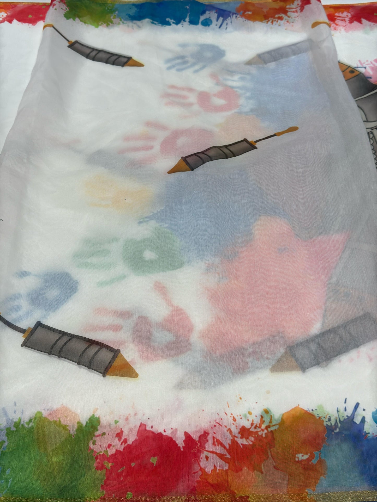Digital Printed Holi Special Chanderi White & Multicolored Saree