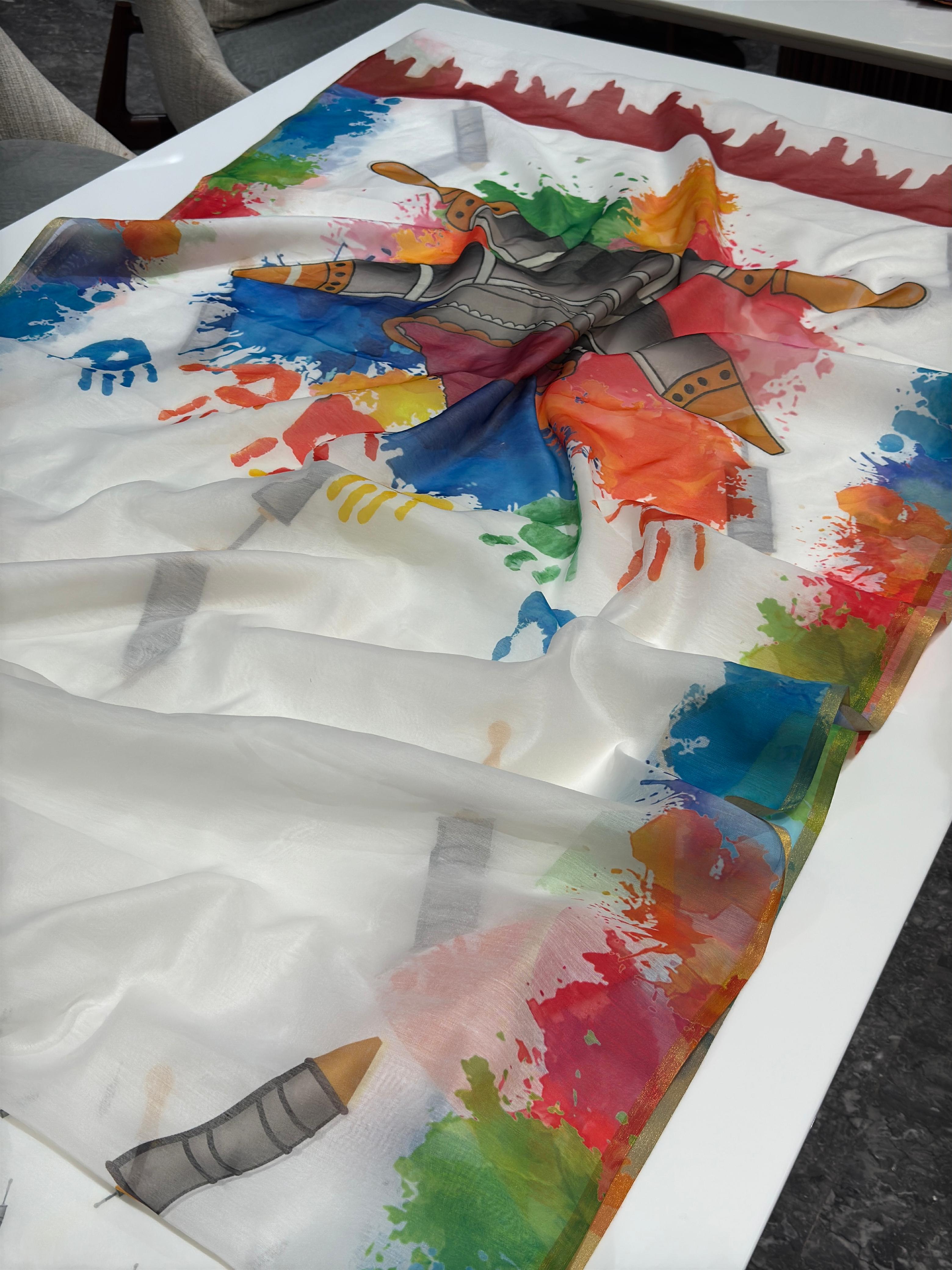 Digital Printed Holi Special Chanderi White & Multicolored Saree