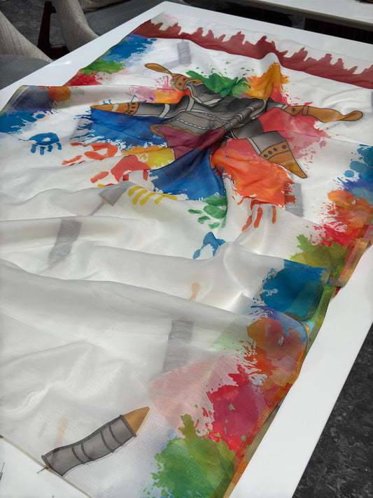 Digital Printed Holi Special Chanderi White & Multicolored Saree
