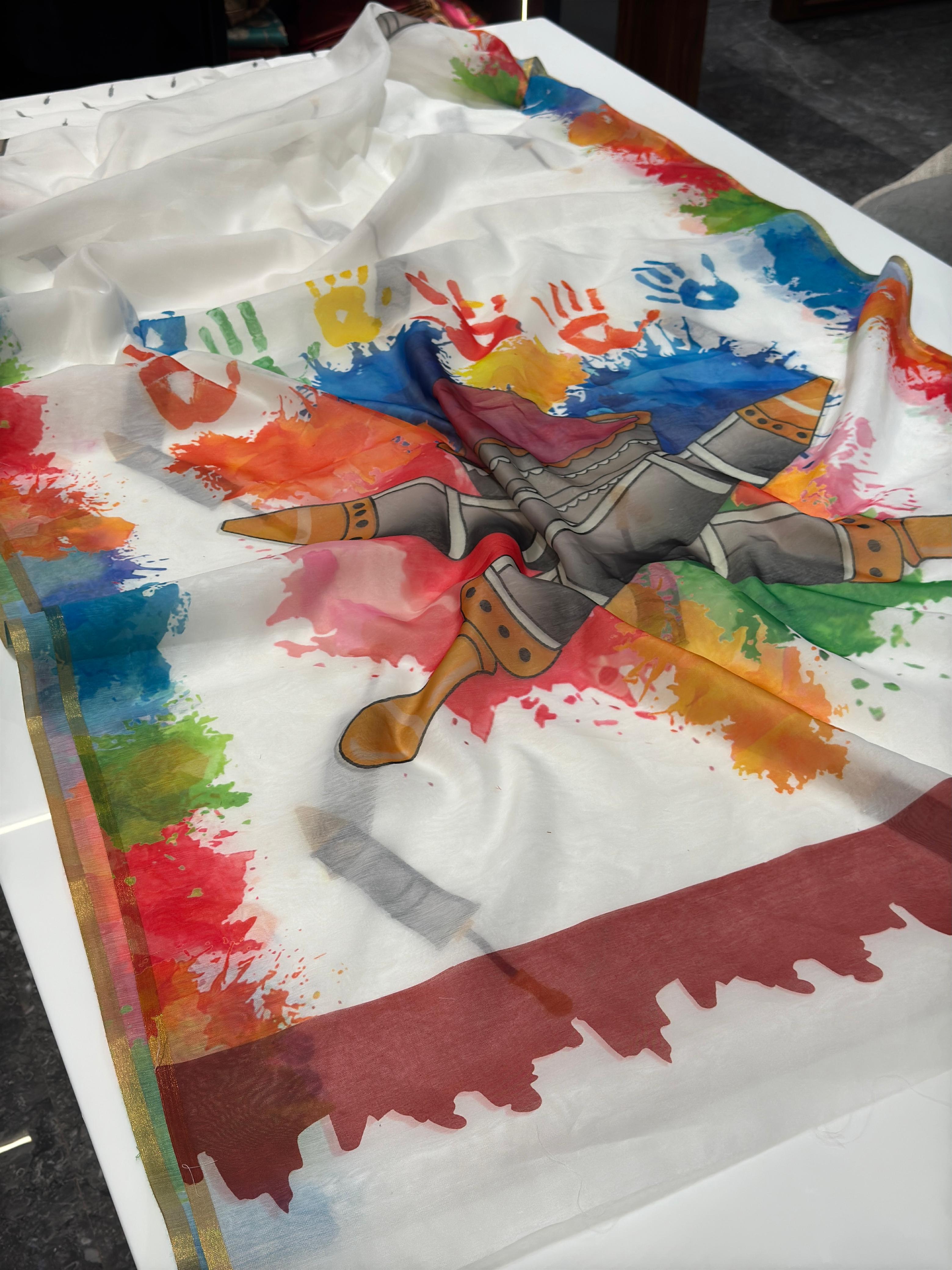 Digital Printed Holi Special Chanderi White & Multicolored Saree