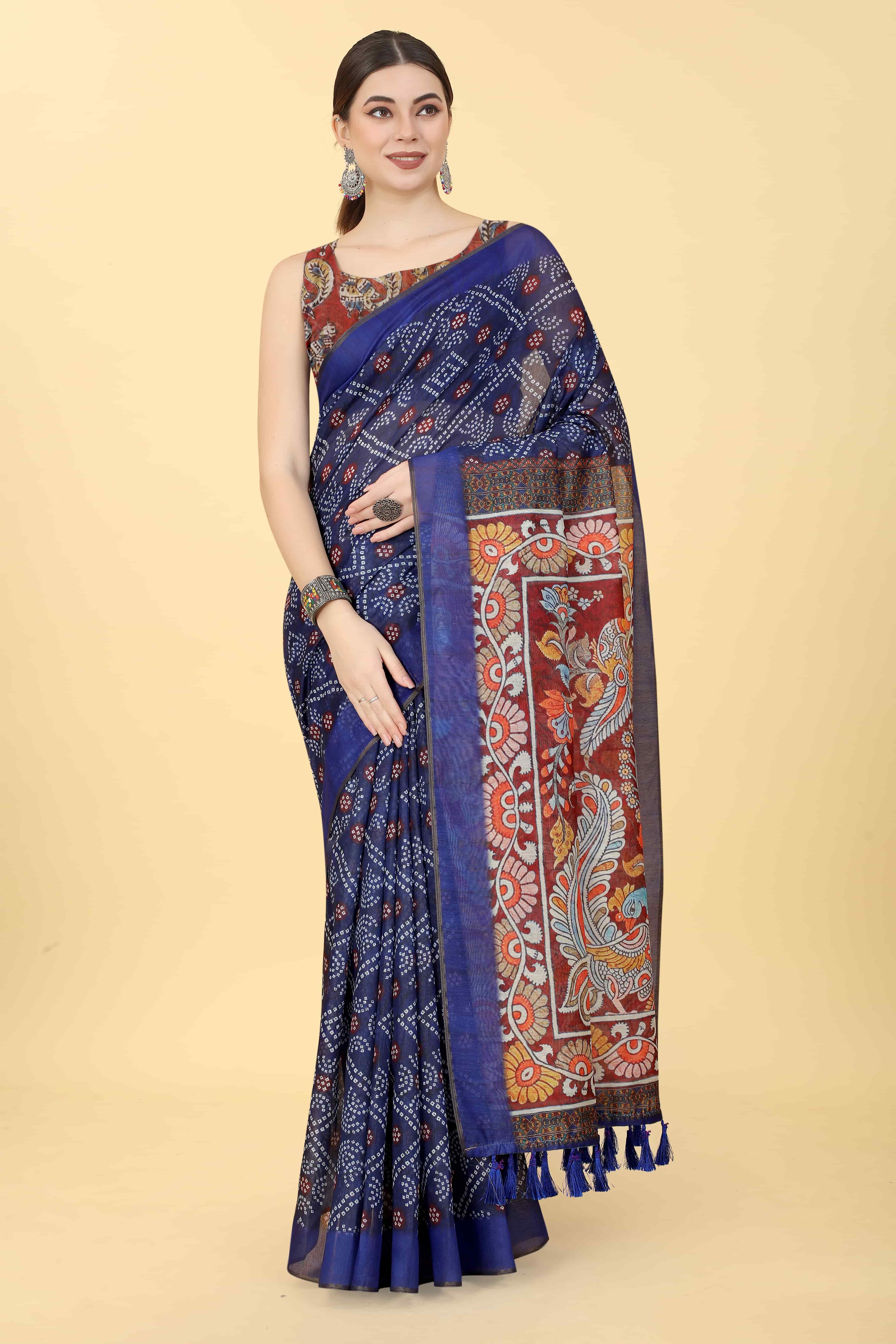 Kalamkari Digital Printed Indigo Saree