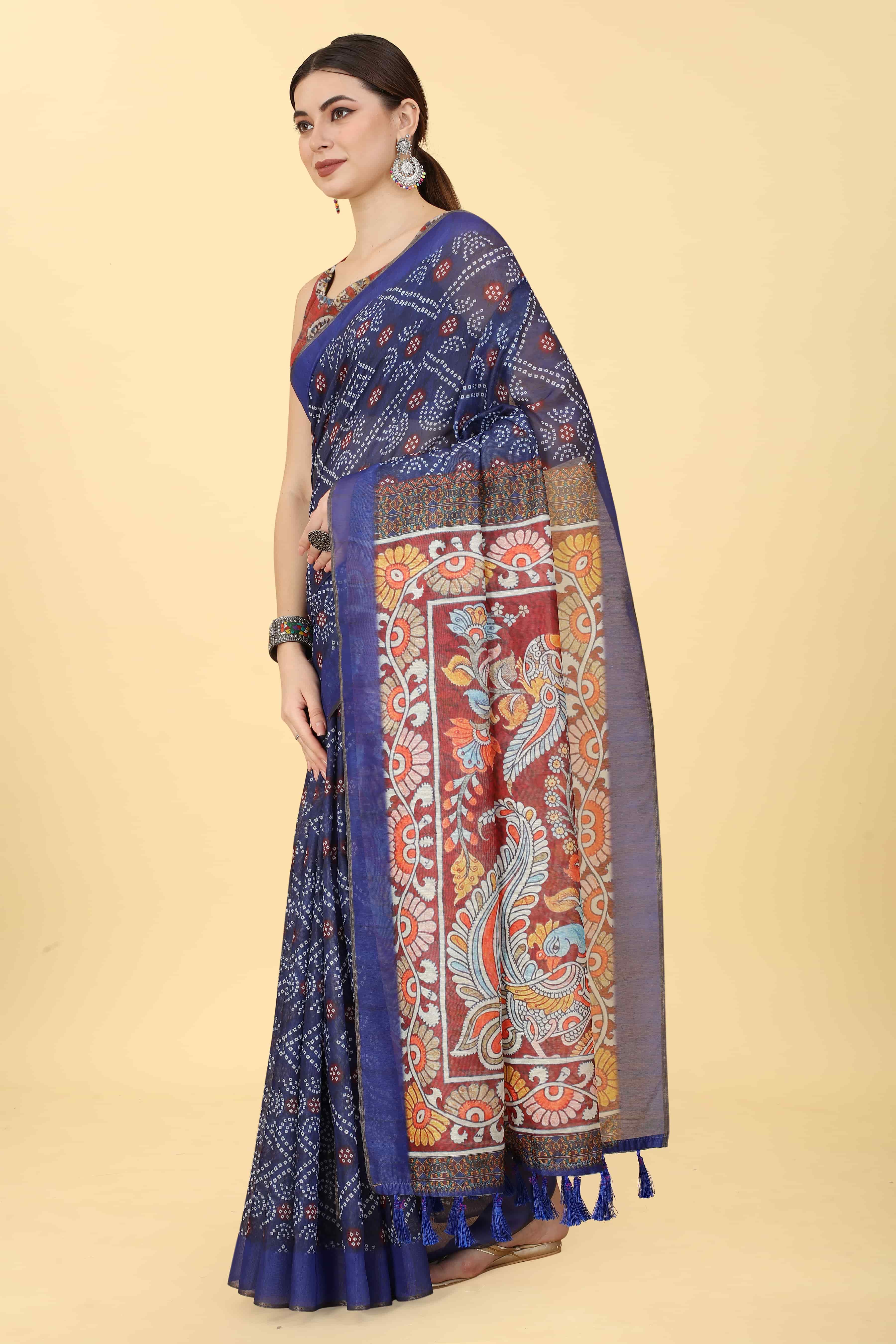 Kalamkari Digital Printed Indigo Saree