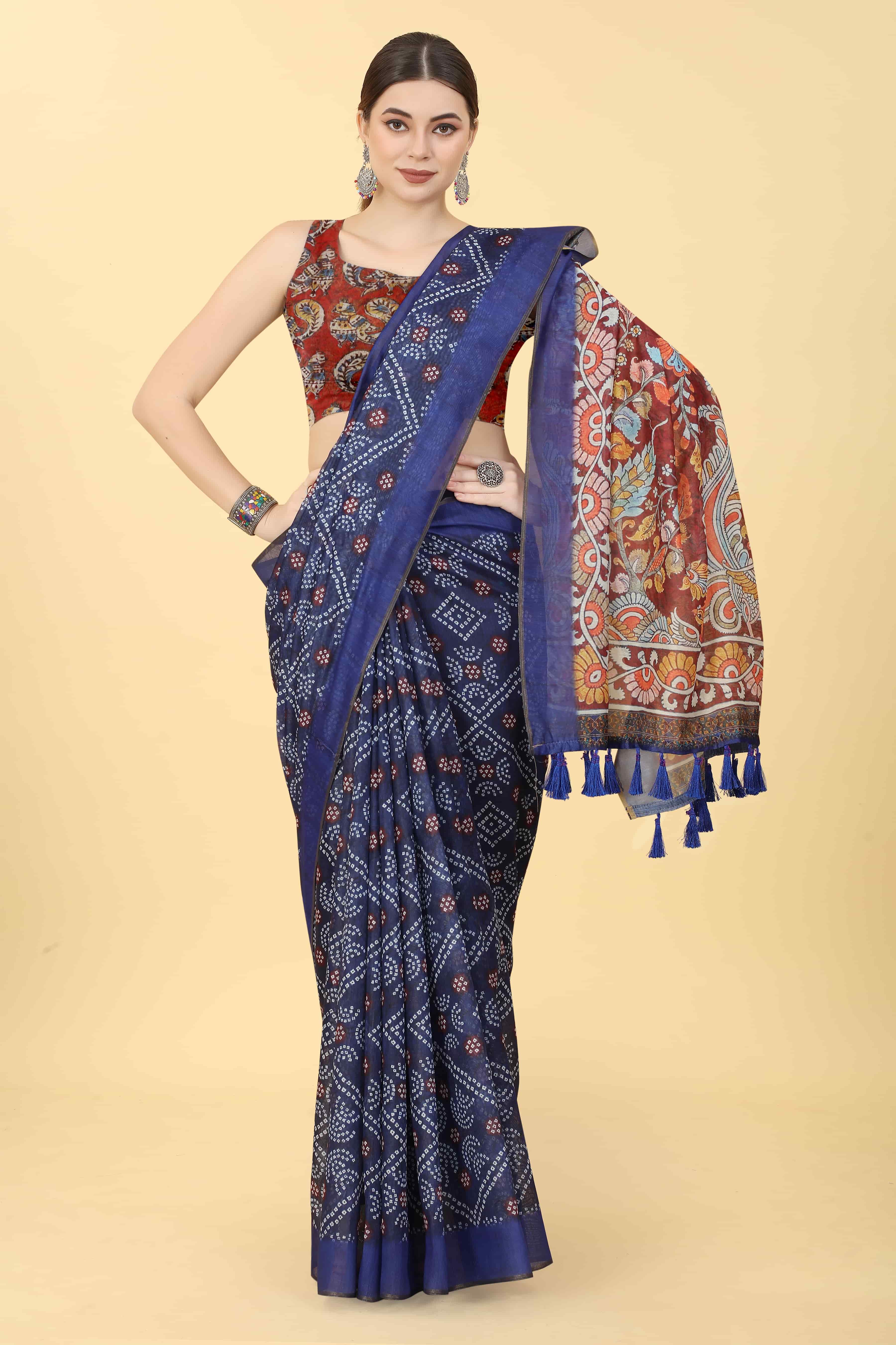 Kalamkari Digital Printed Indigo Saree