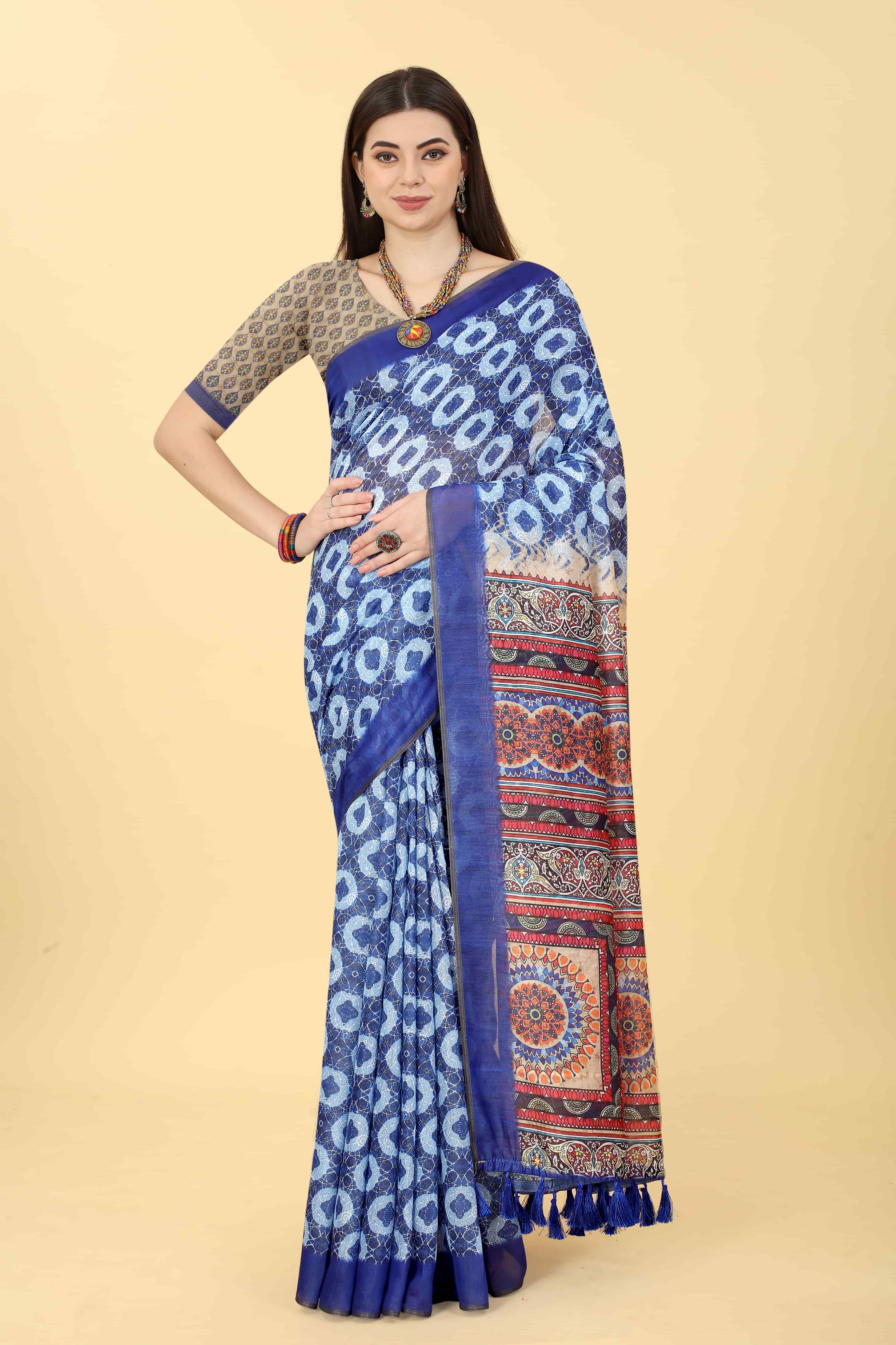 Kalamkari Digital Printed Indigo Saree