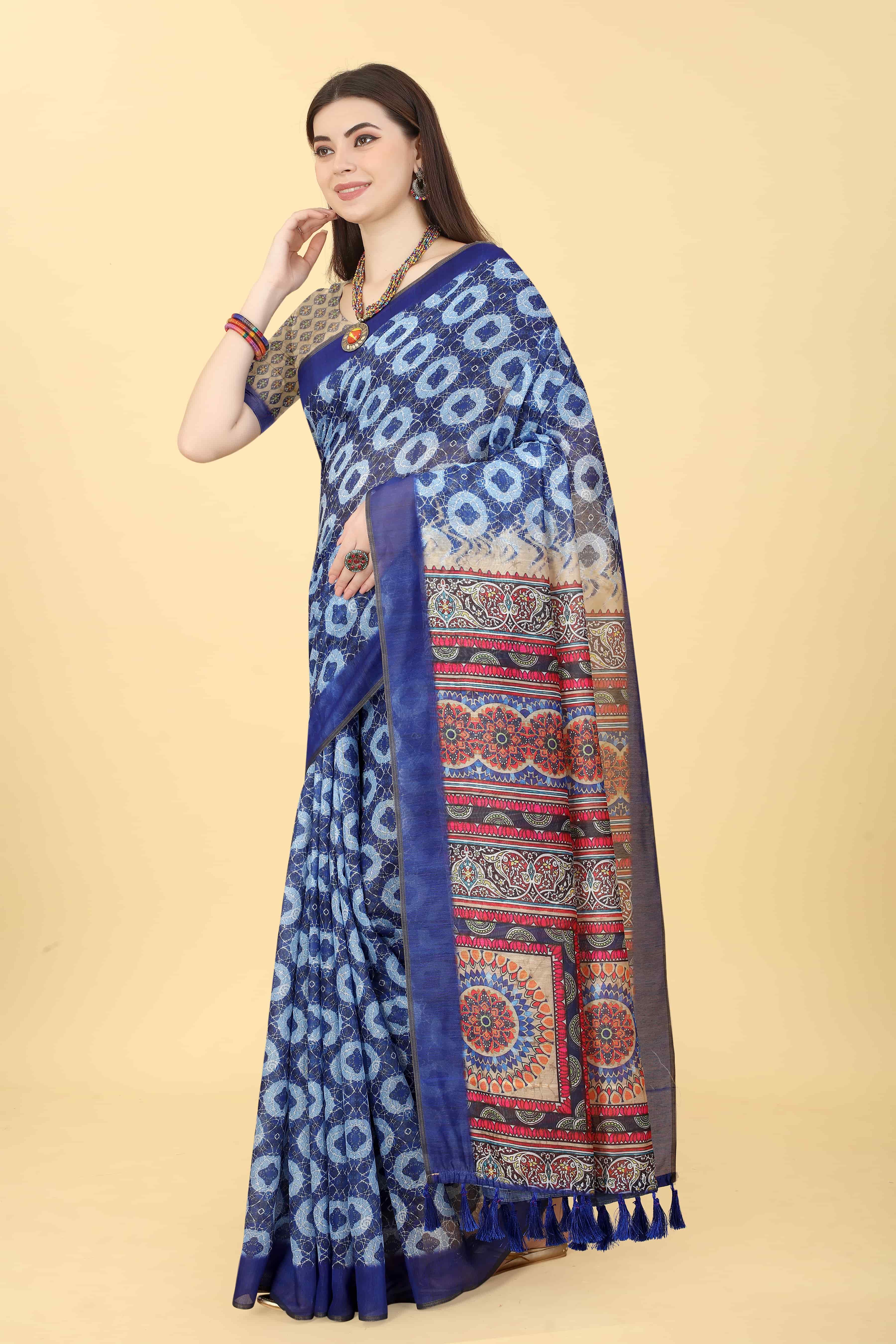 Kalamkari Digital Printed Indigo Saree