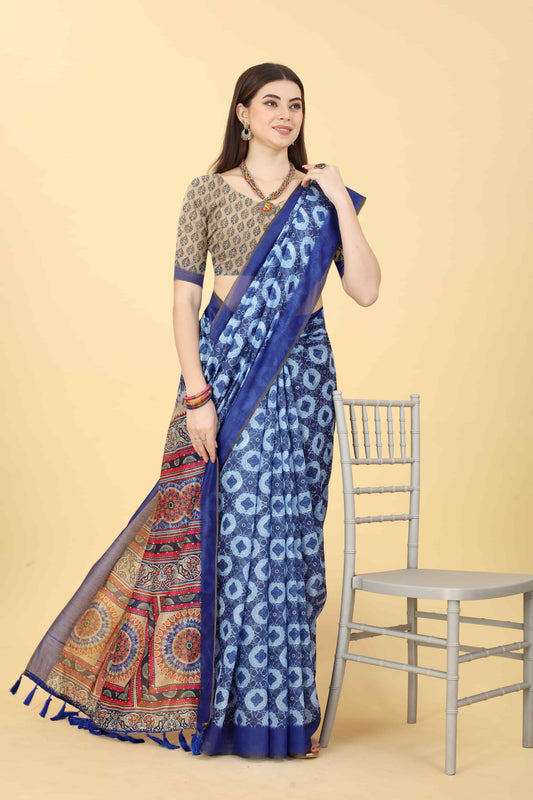 Kalamkari Digital Printed Indigo Saree