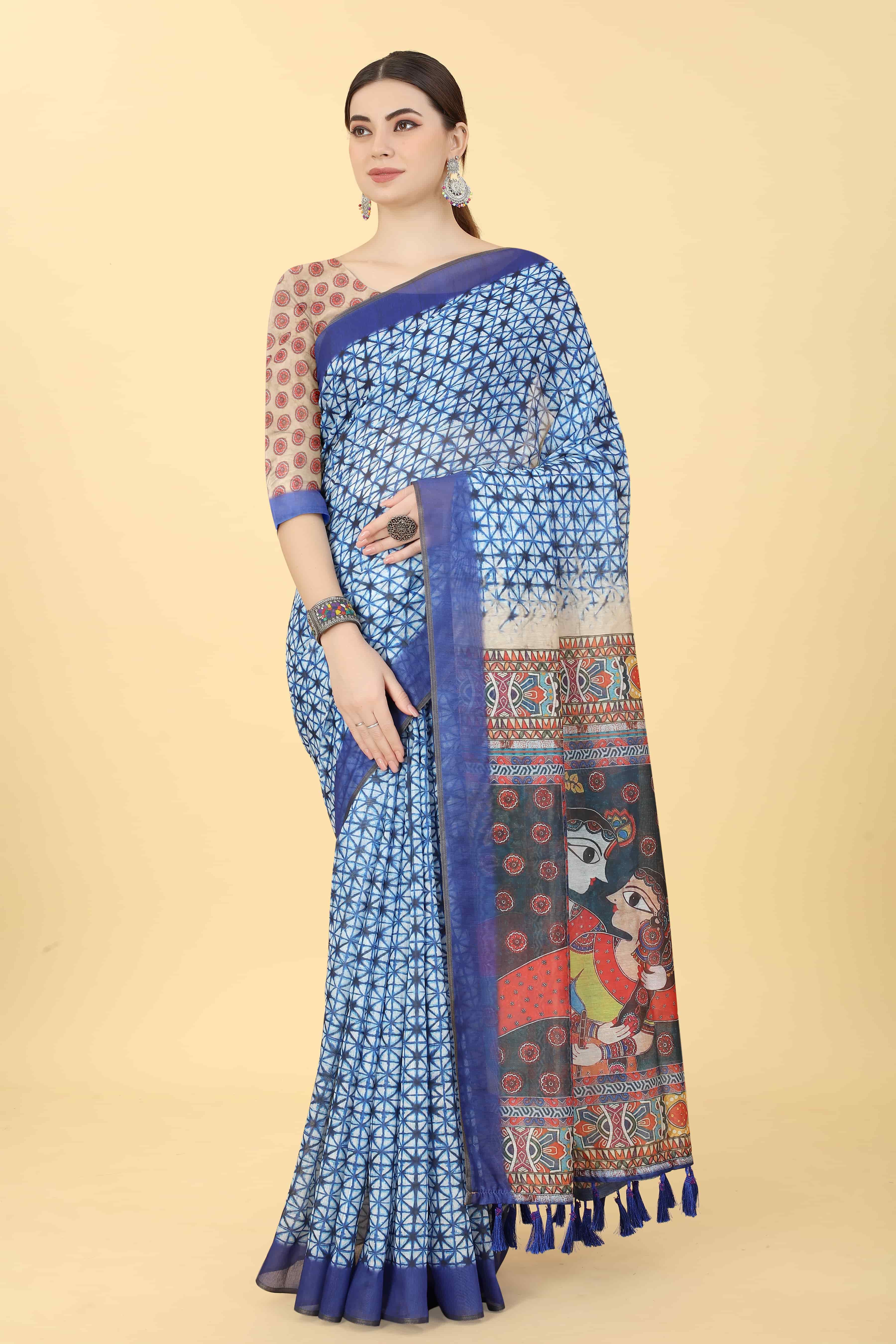 Kalamkari Digital Printed Indigo Saree