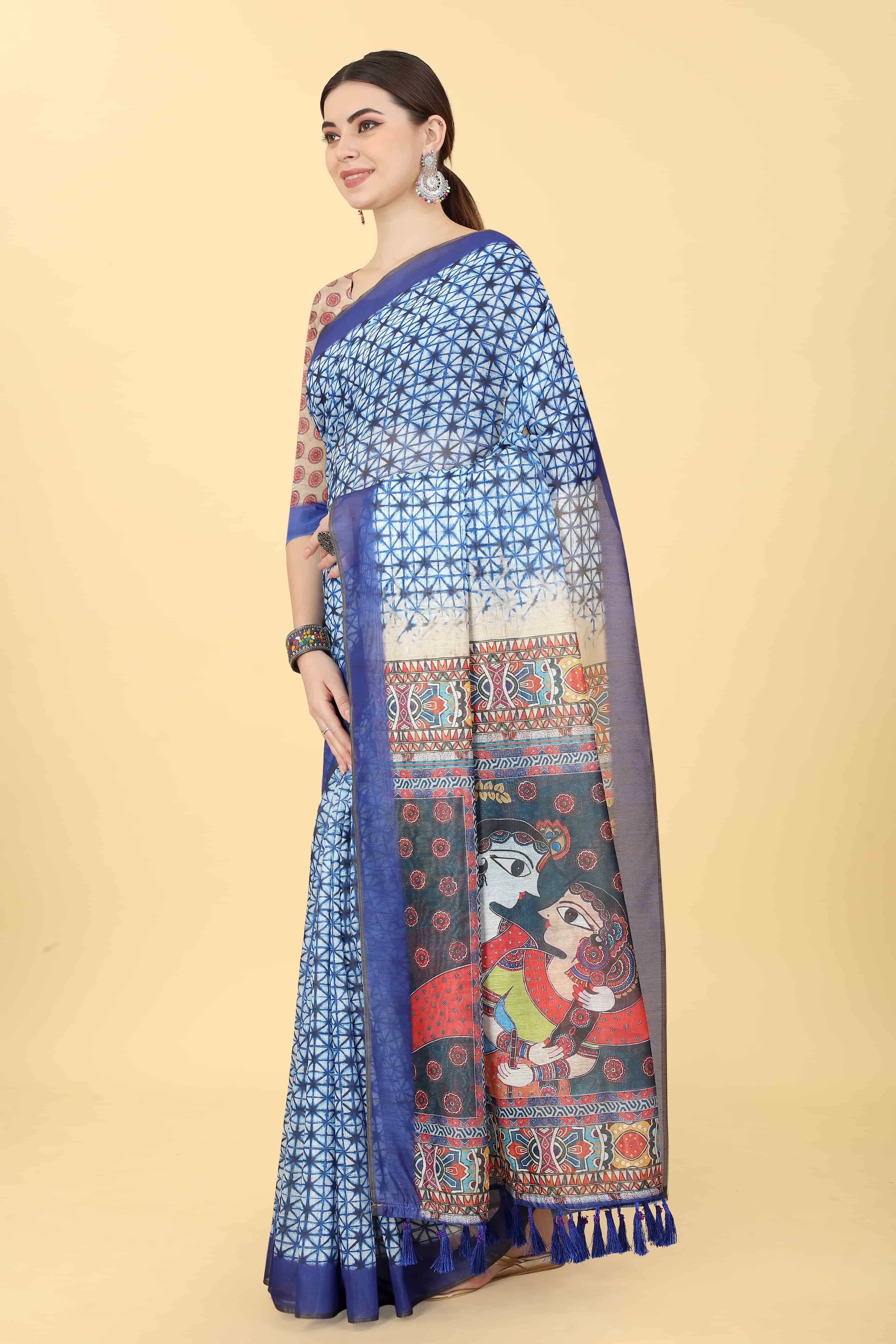 Kalamkari Digital Printed Indigo Saree