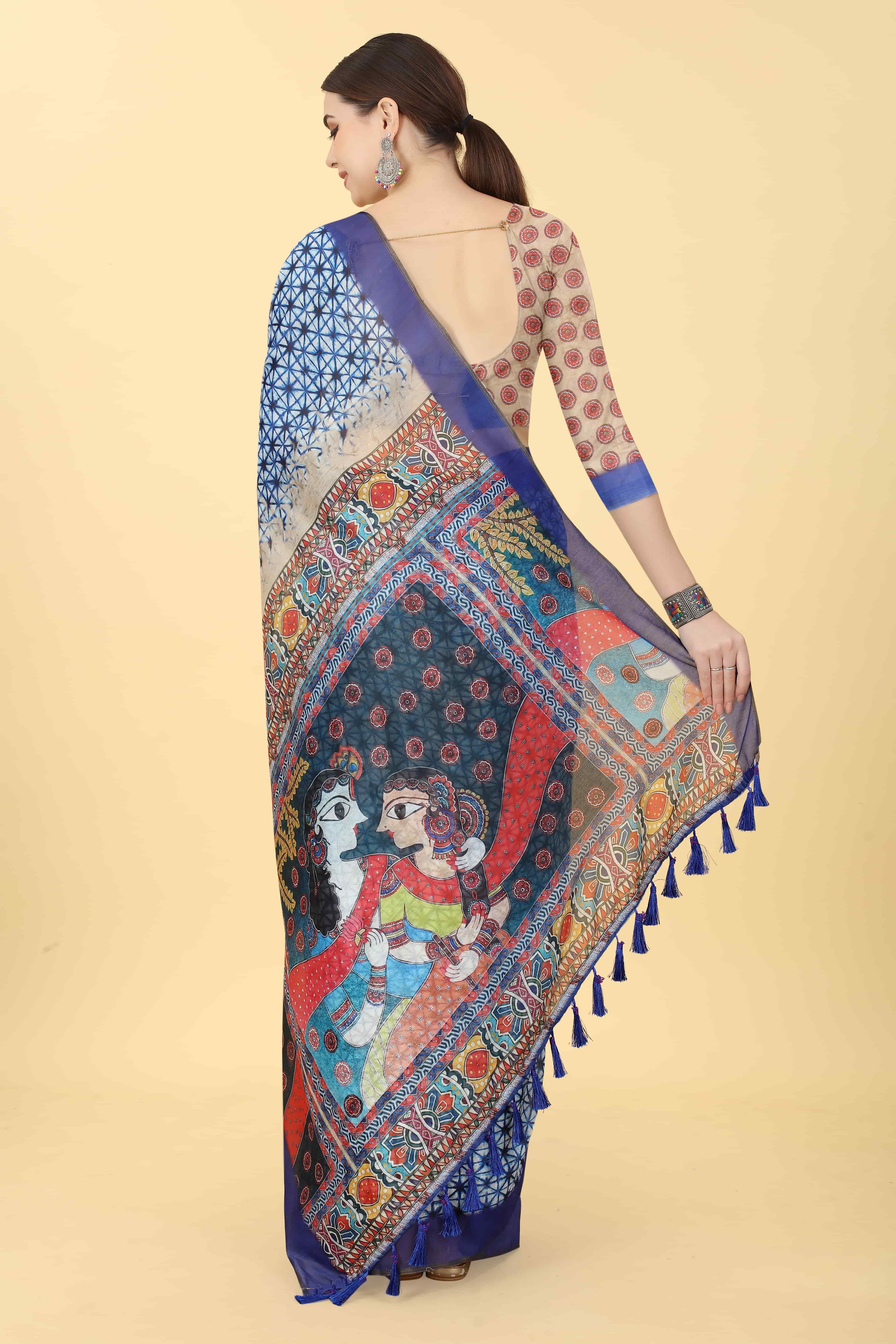Kalamkari Digital Printed Indigo Saree