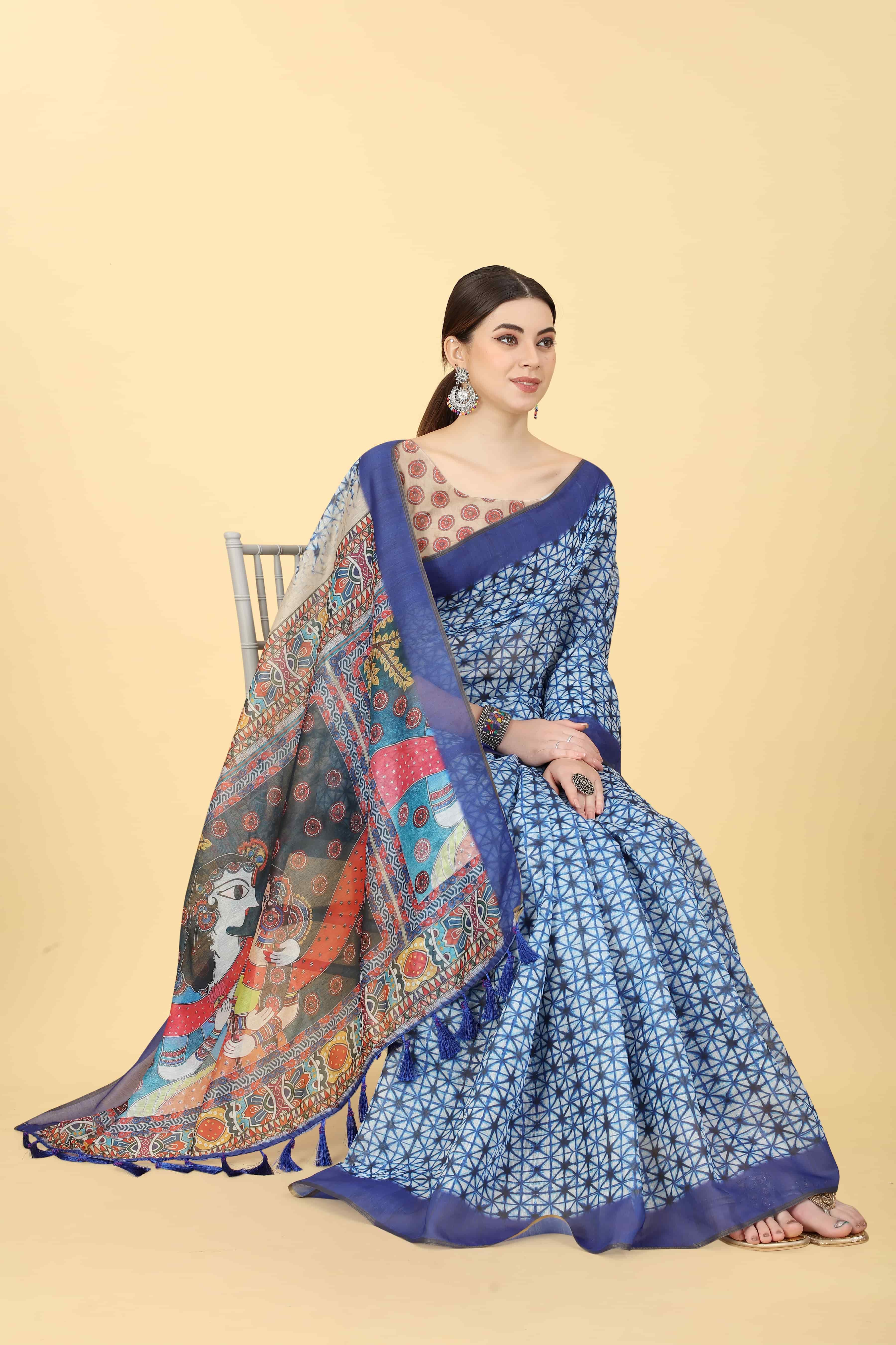 Kalamkari Digital Printed Indigo Saree