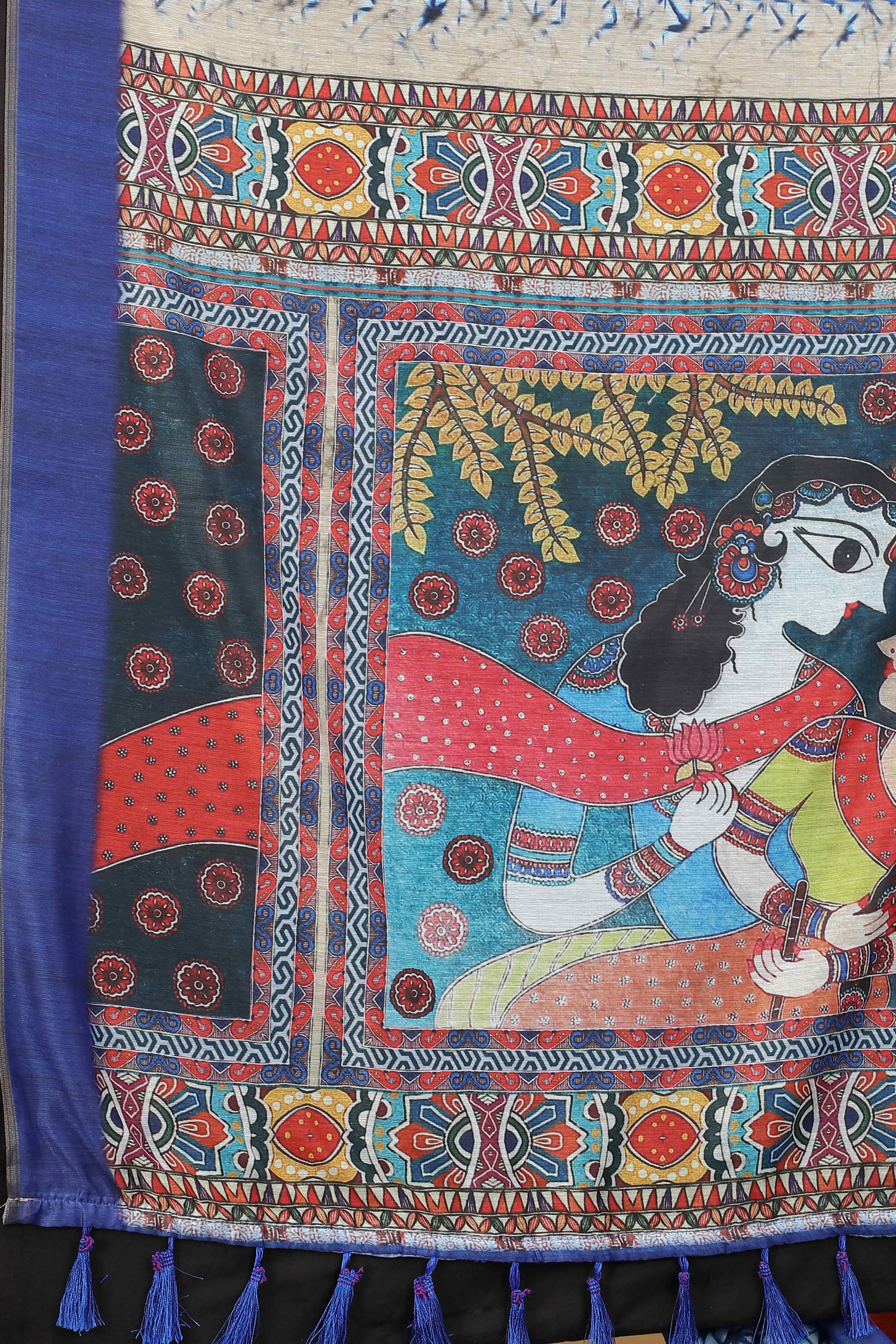 Kalamkari Digital Printed Indigo Saree