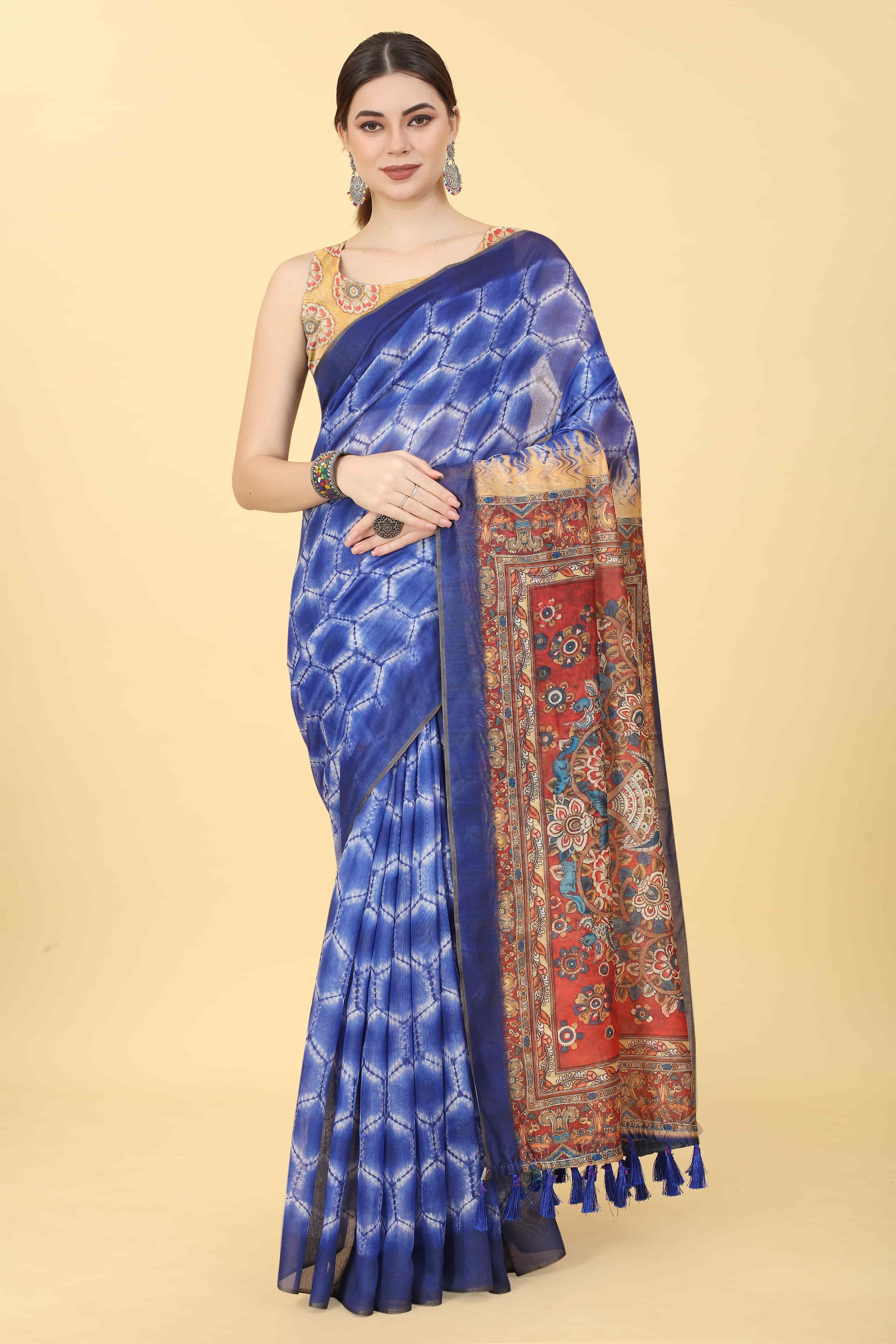 Kalamkari Digital Printed Indigo Saree