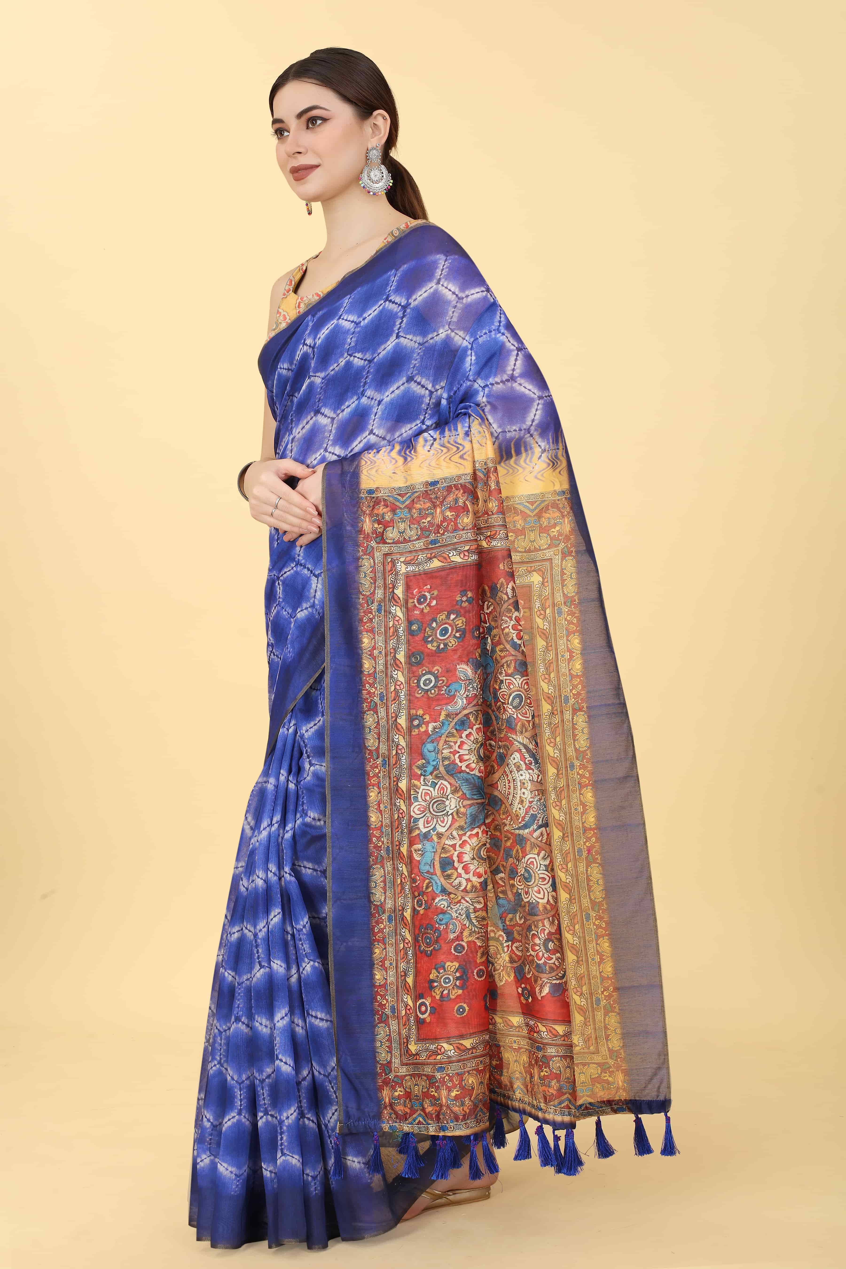 Kalamkari Digital Printed Indigo Saree