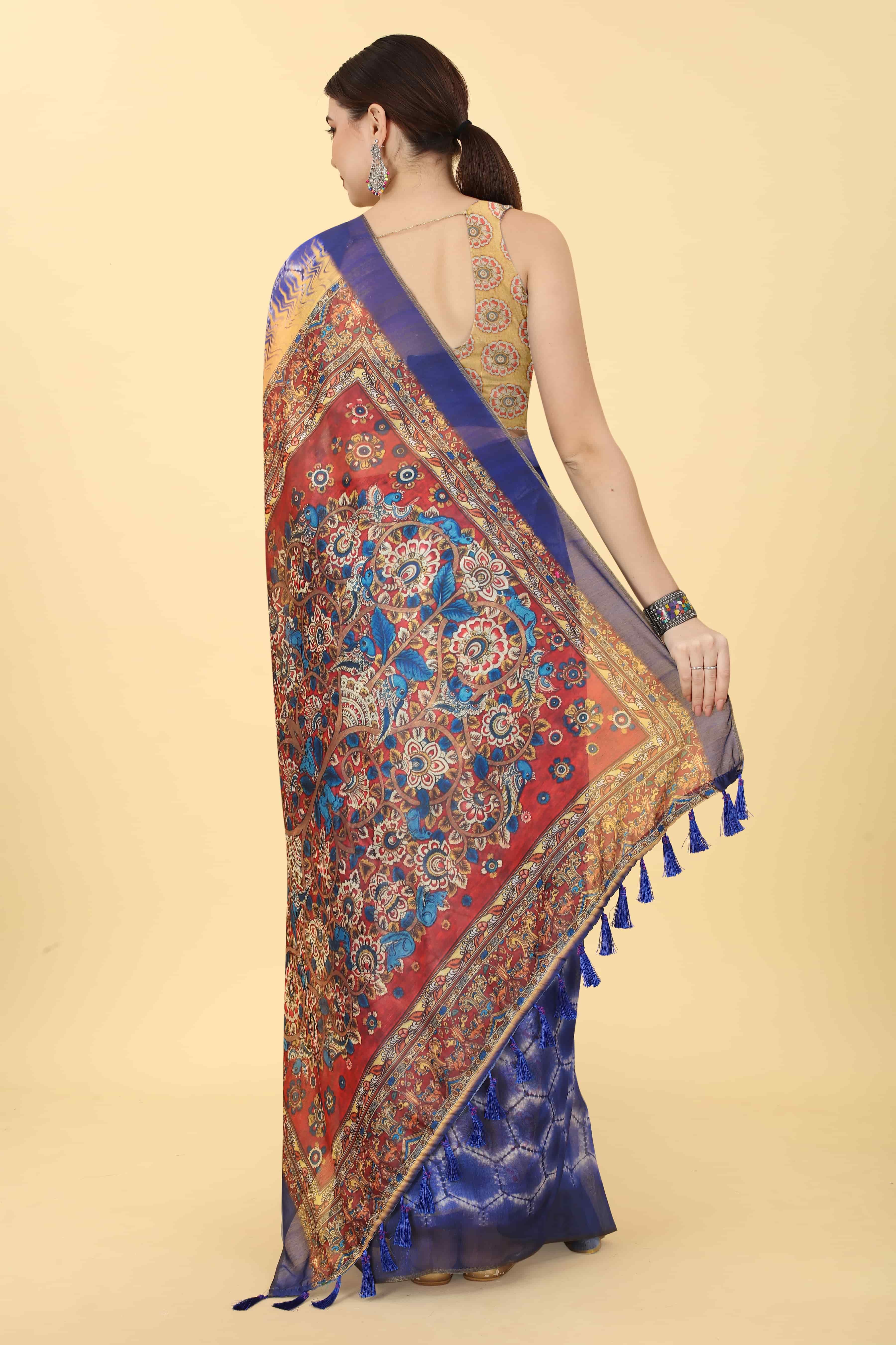 Kalamkari Digital Printed Indigo Saree