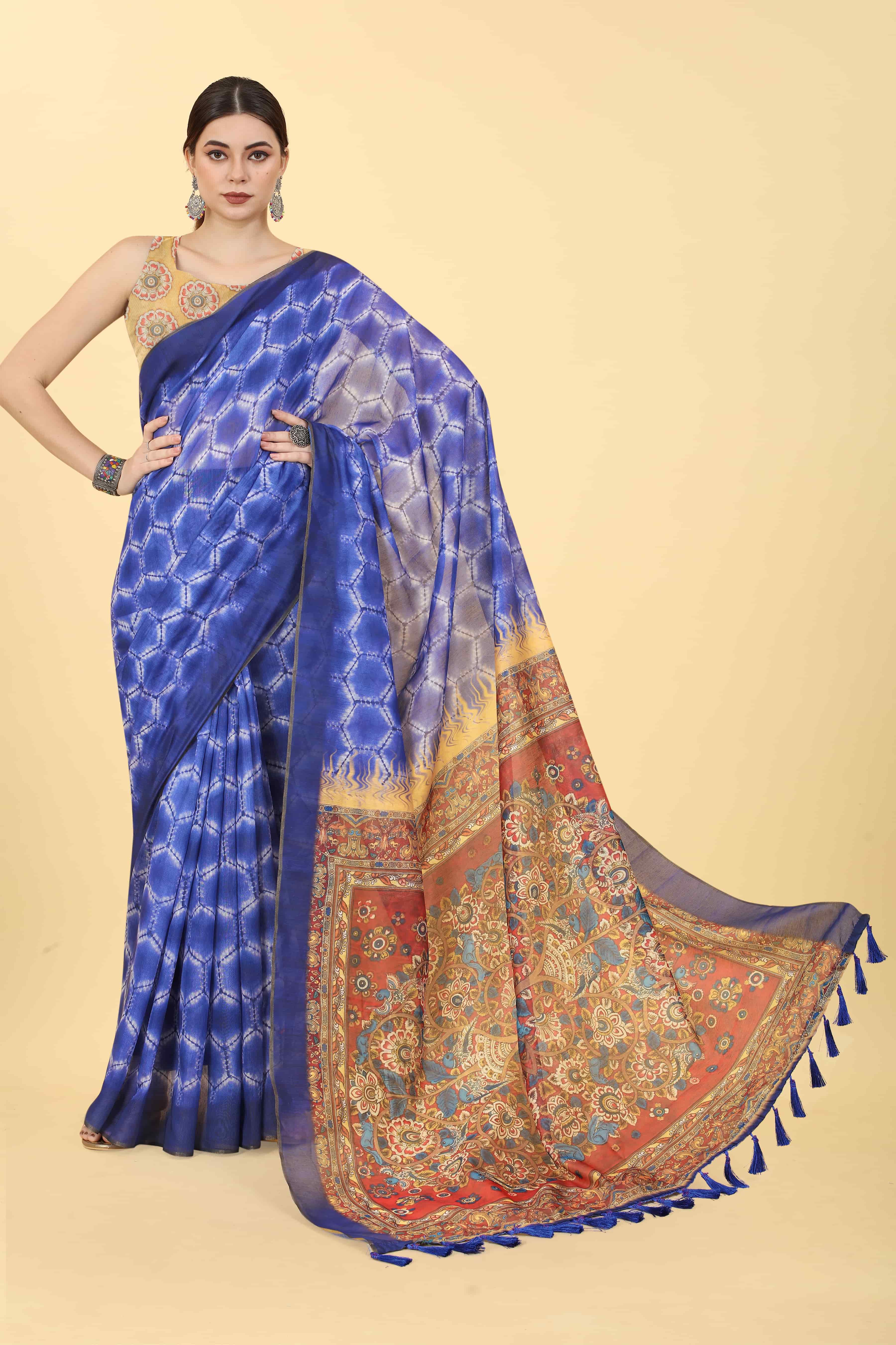 Kalamkari Digital Printed Indigo Saree