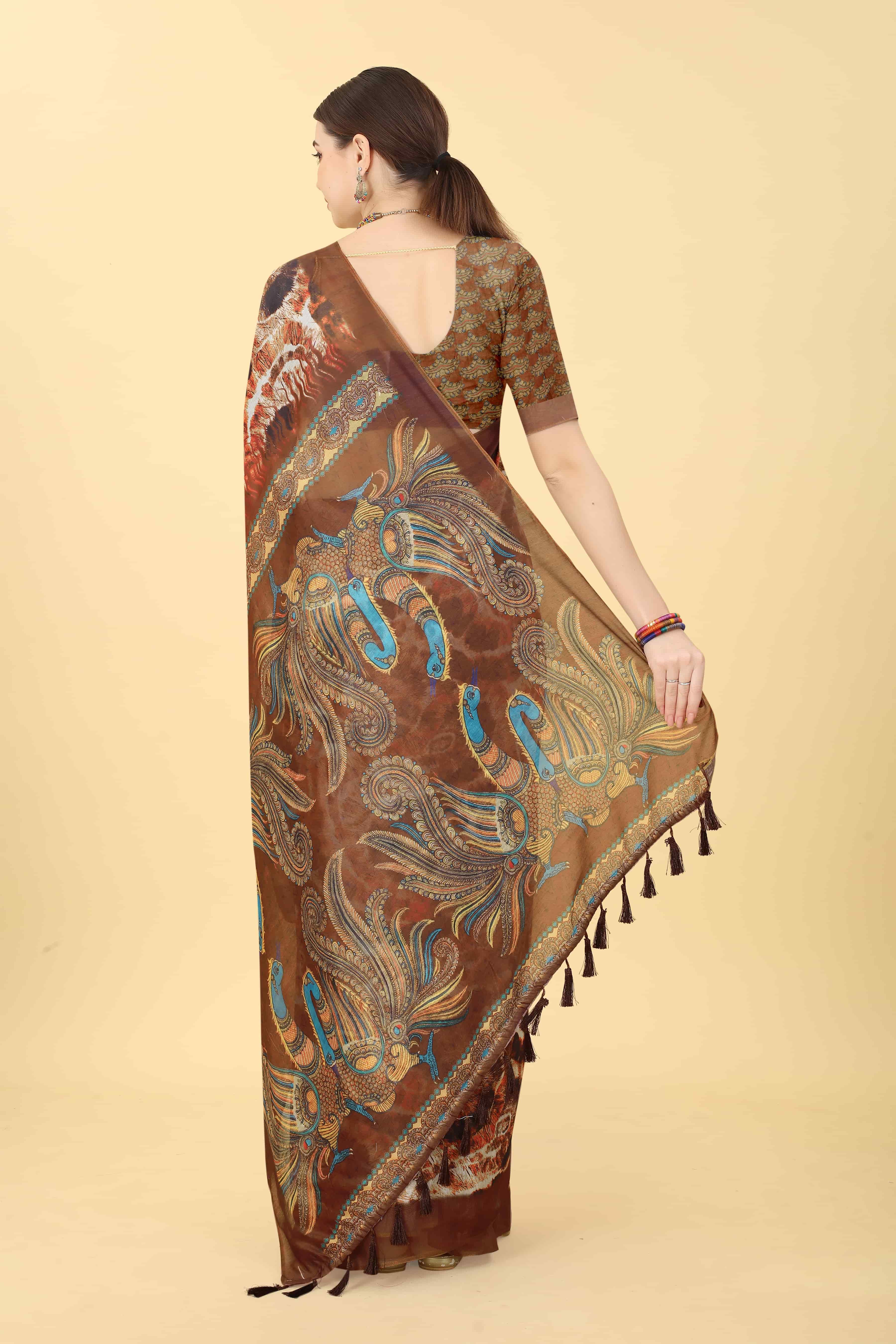 Kalamkari Digital Printed Indigo Saree