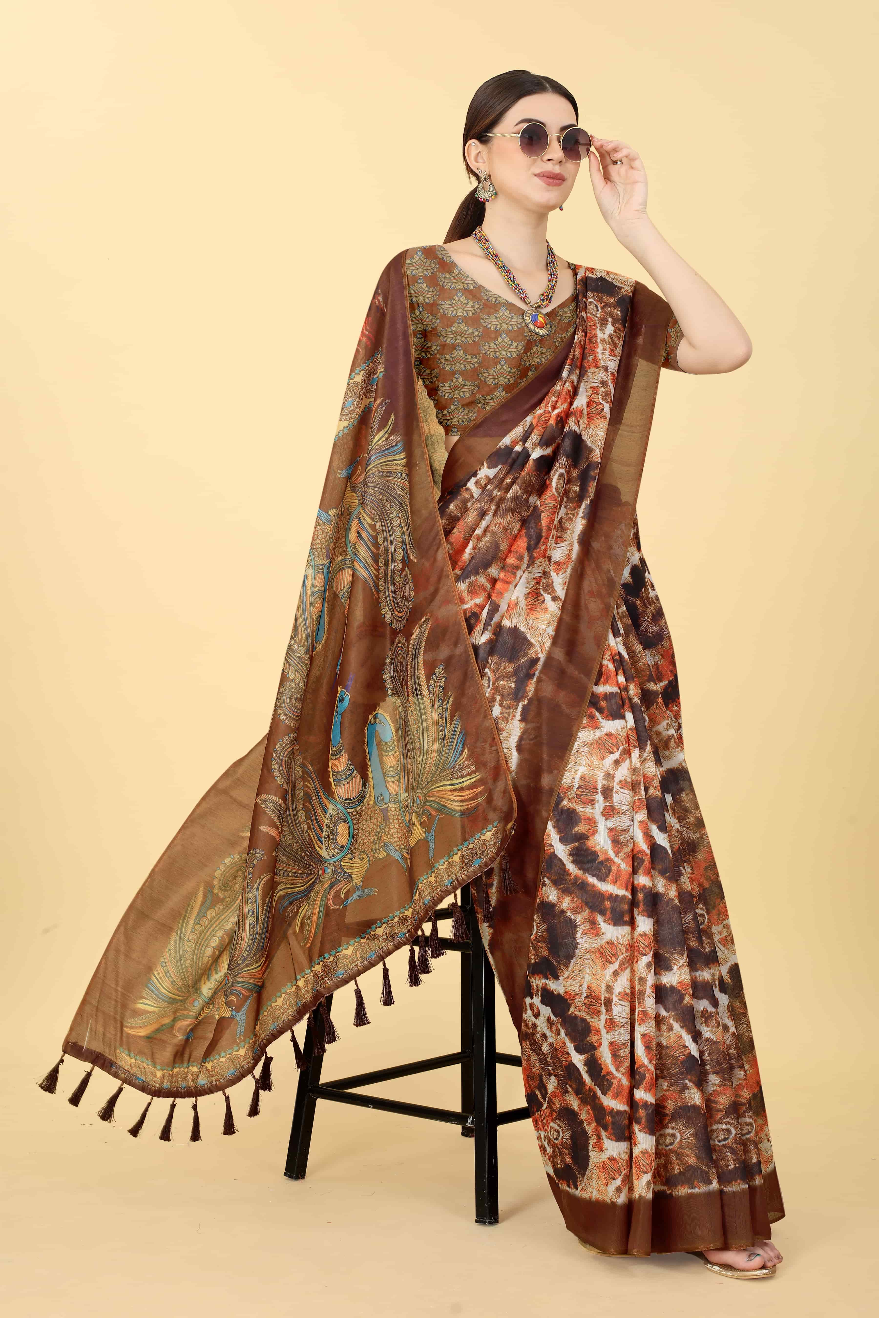 Kalamkari Digital Printed Indigo Saree