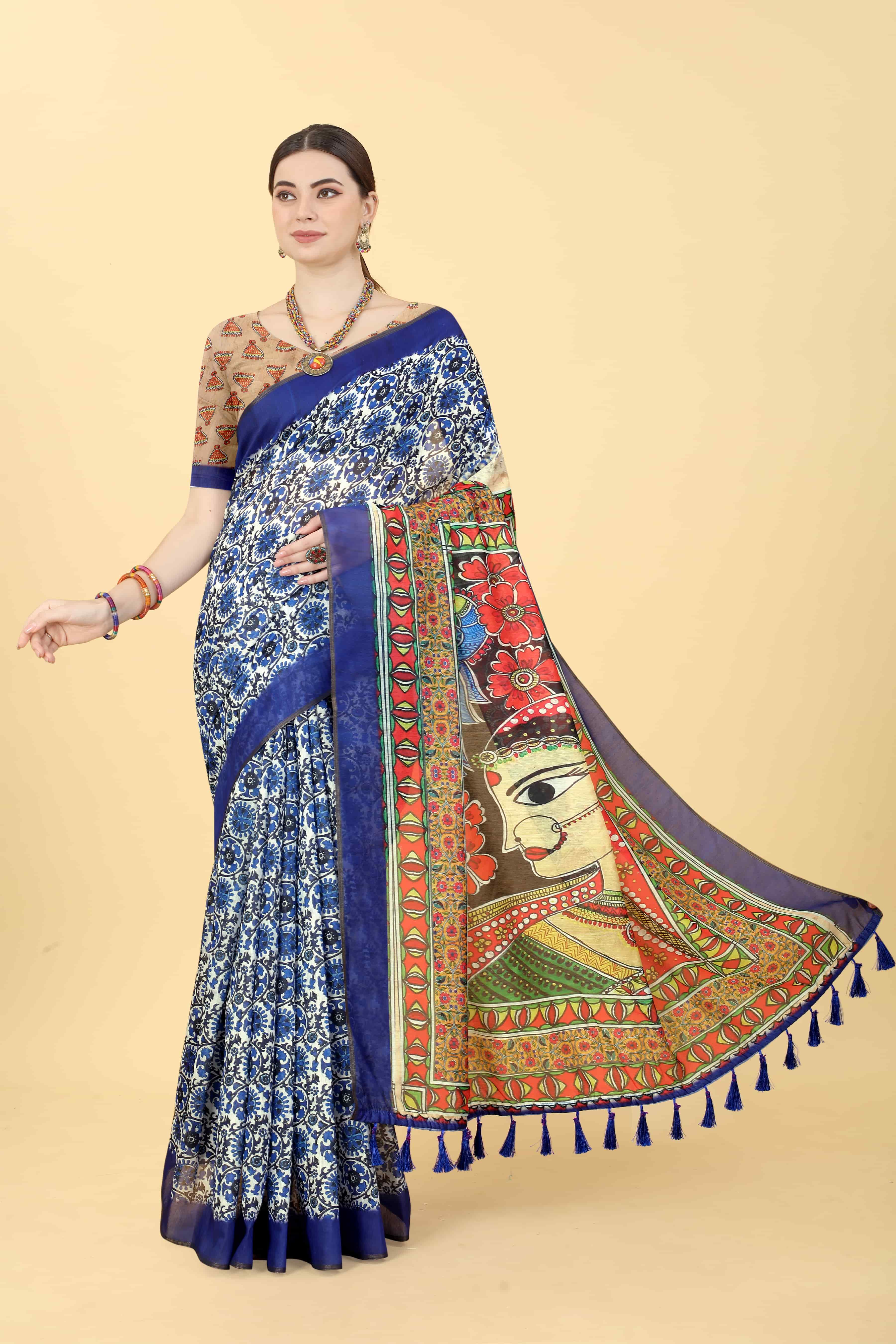 Kalamkari Digital Printed Indigo Saree