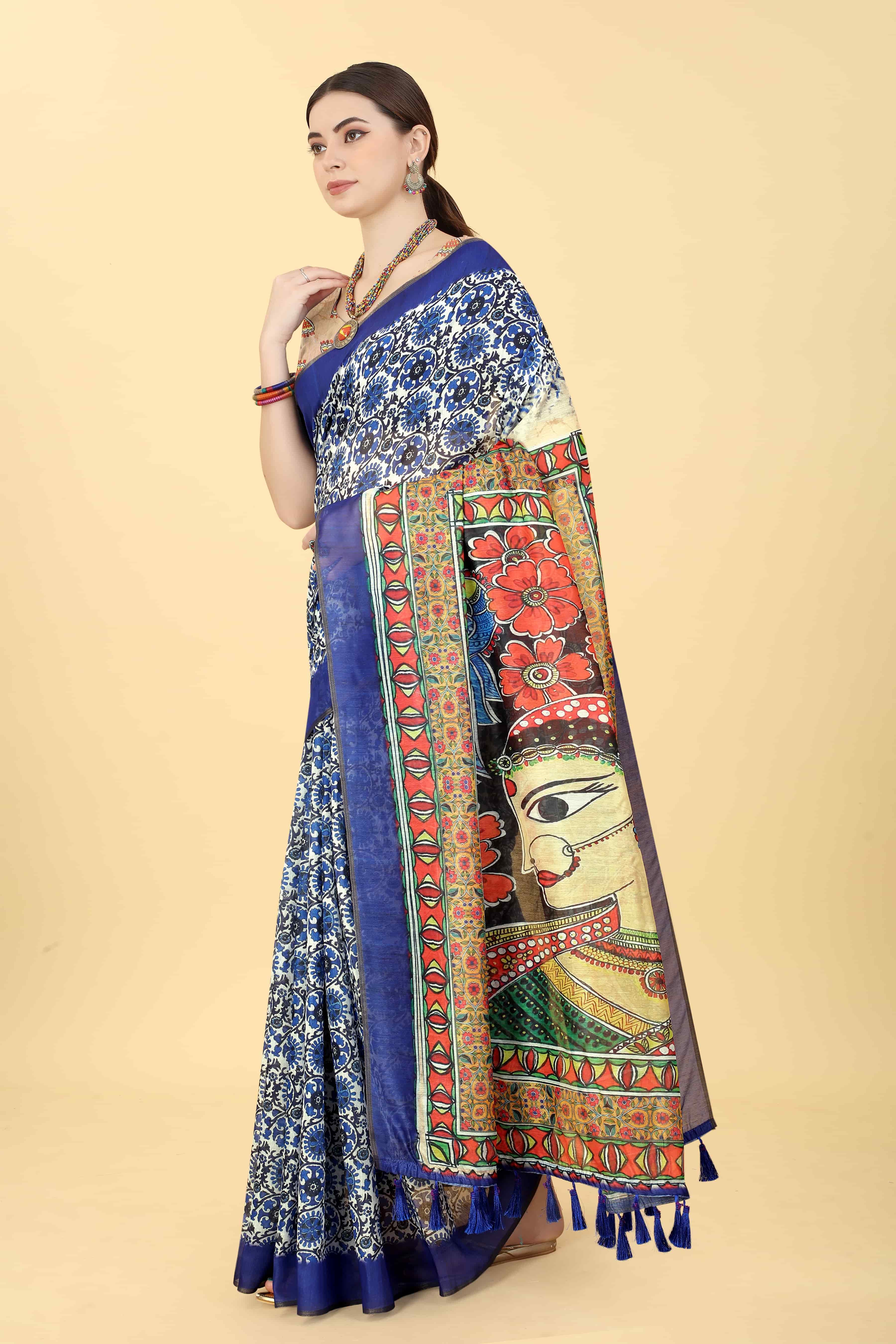 Kalamkari Digital Printed Indigo Saree