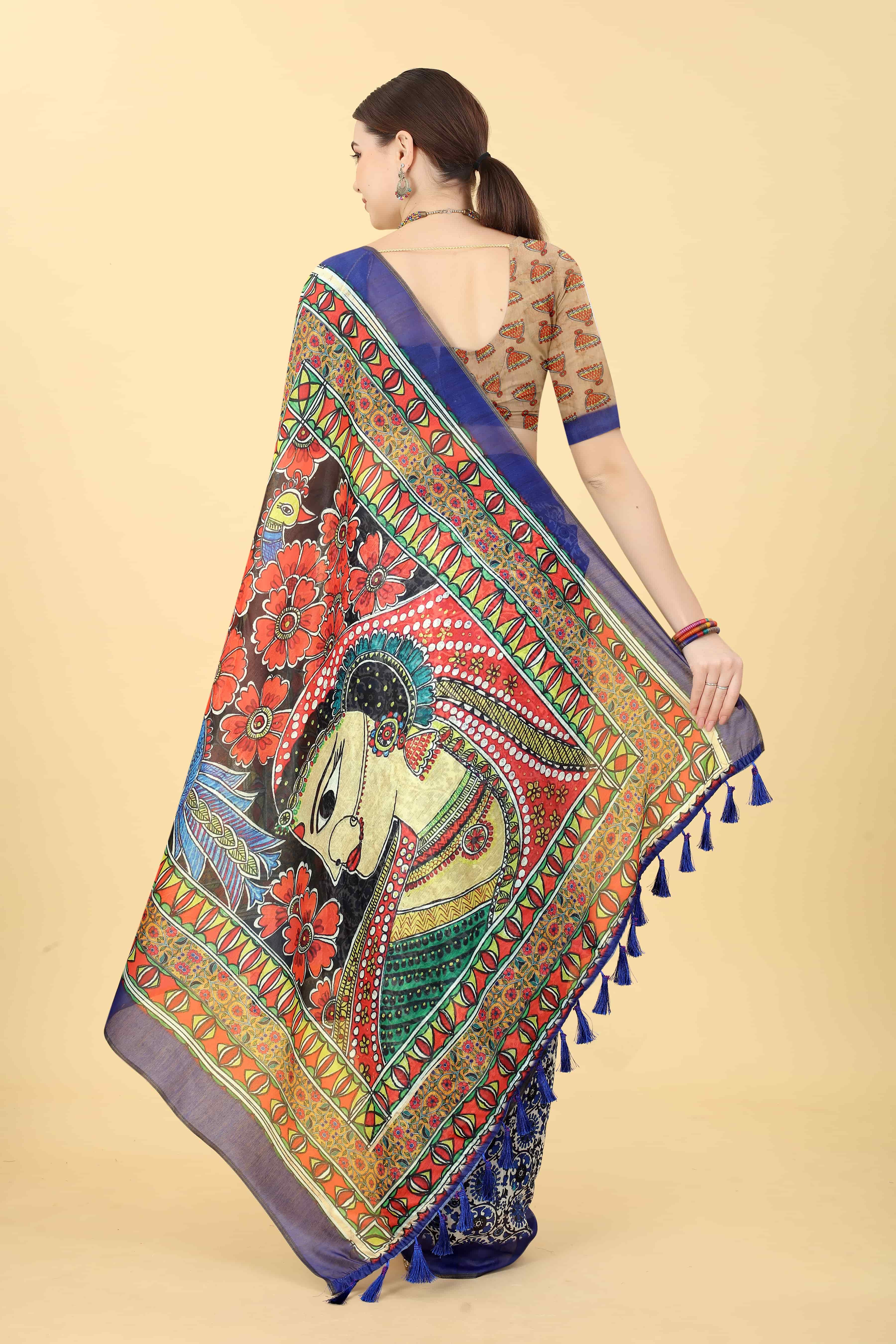 Kalamkari Digital Printed Indigo Saree