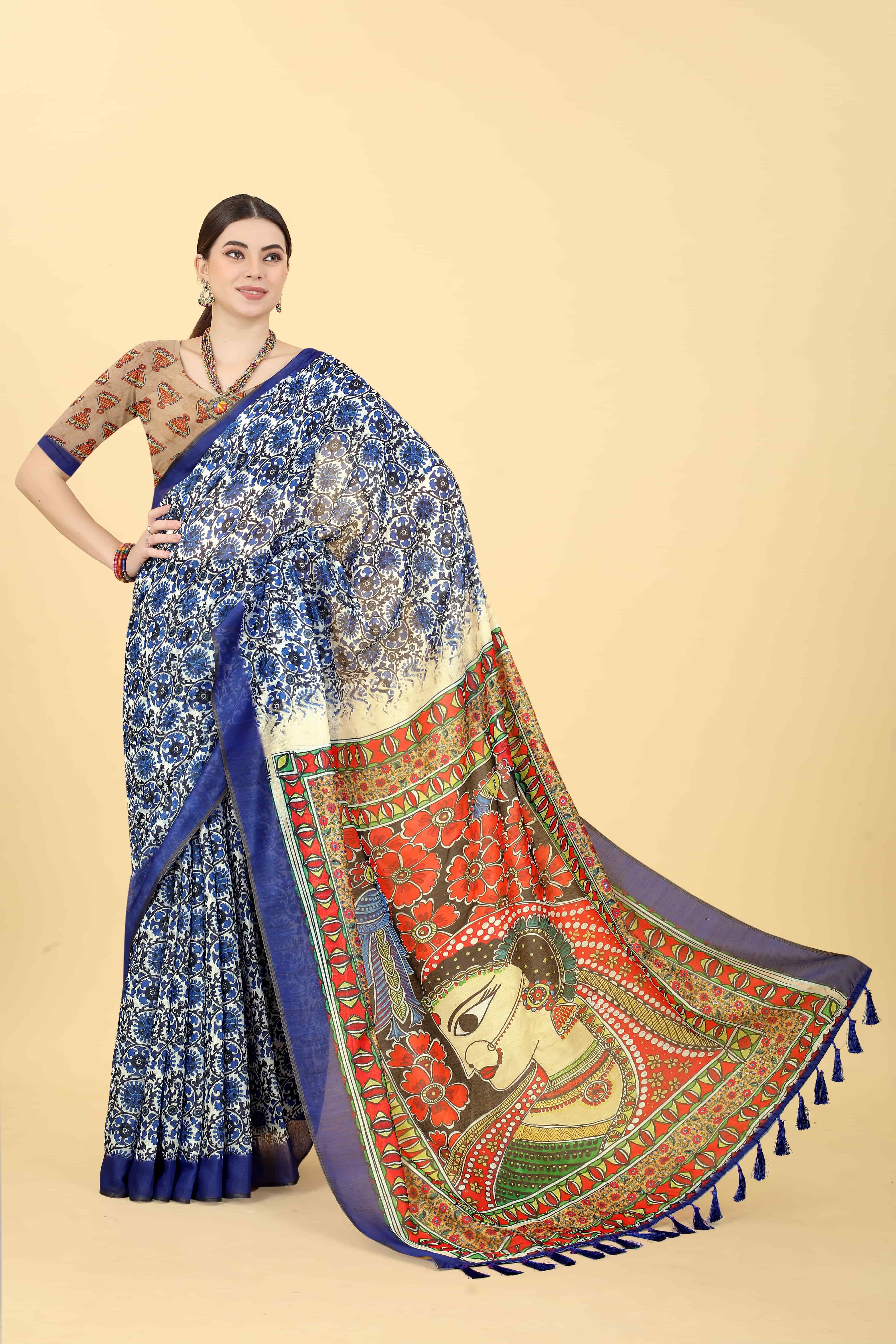 Kalamkari Digital Printed Indigo Saree