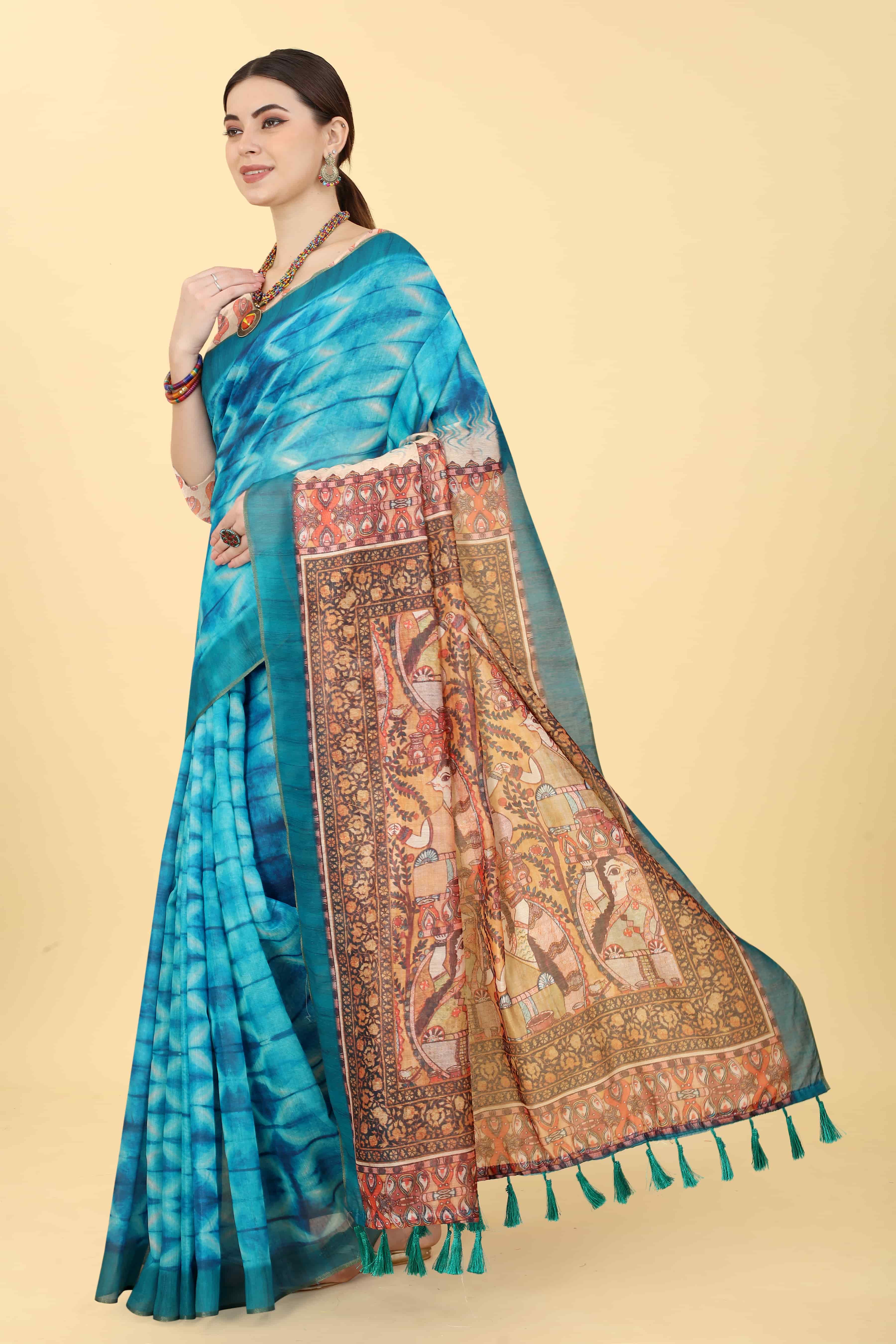 Kalamkari Digital Printed Indigo Saree