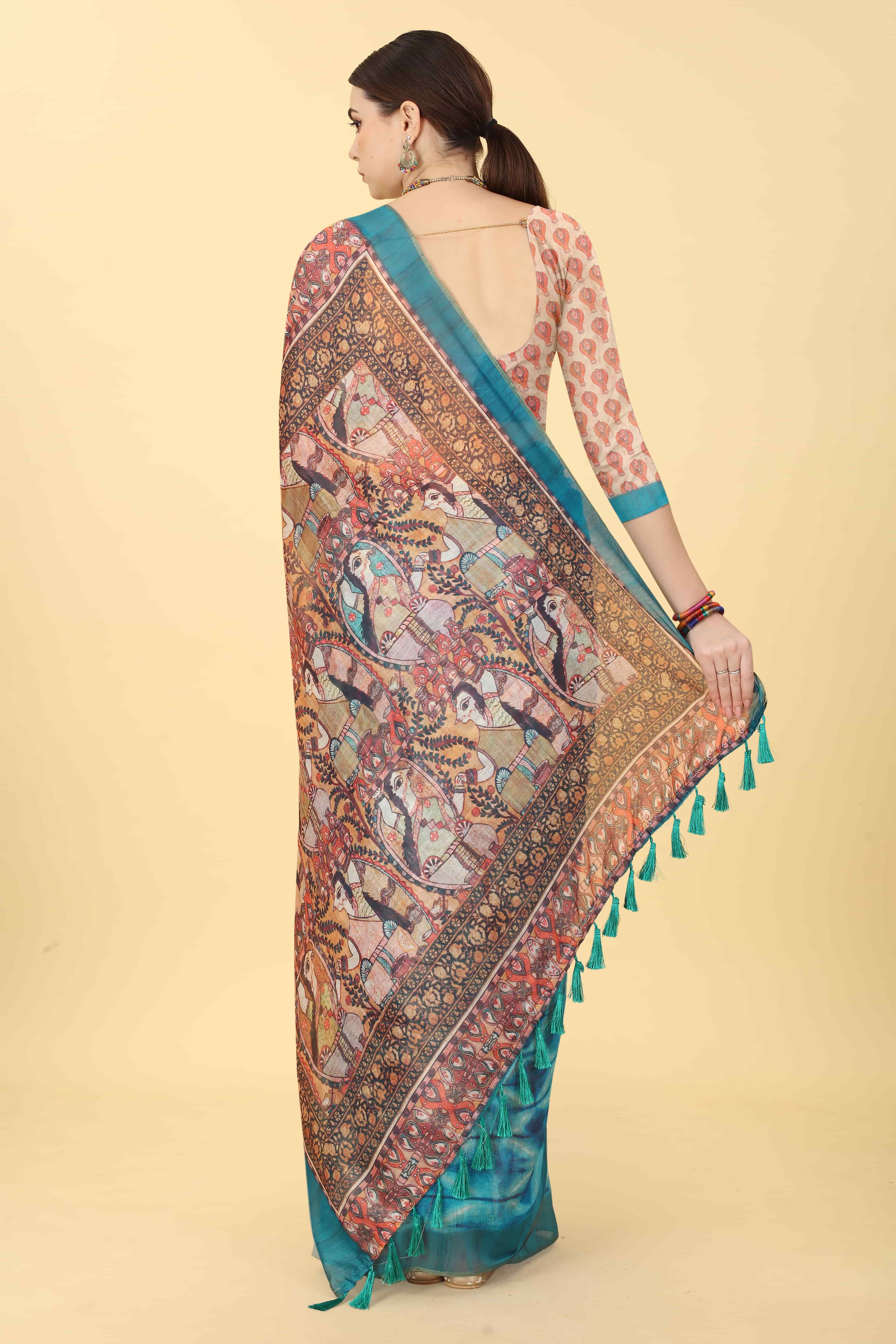 Kalamkari Digital Printed Indigo Saree