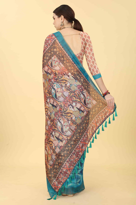 Kalamkari Digital Printed Indigo Saree