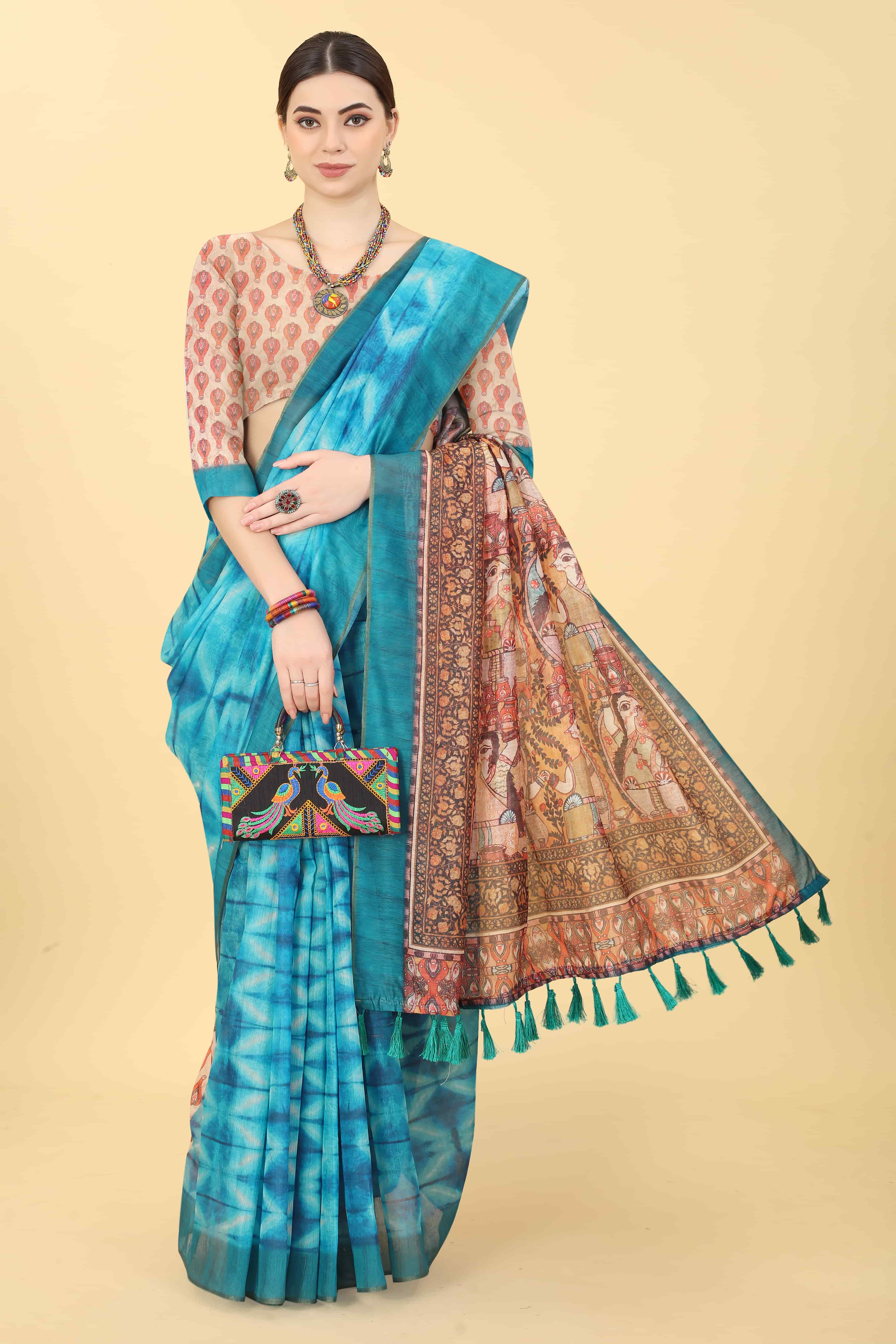 Kalamkari Digital Printed Indigo Saree