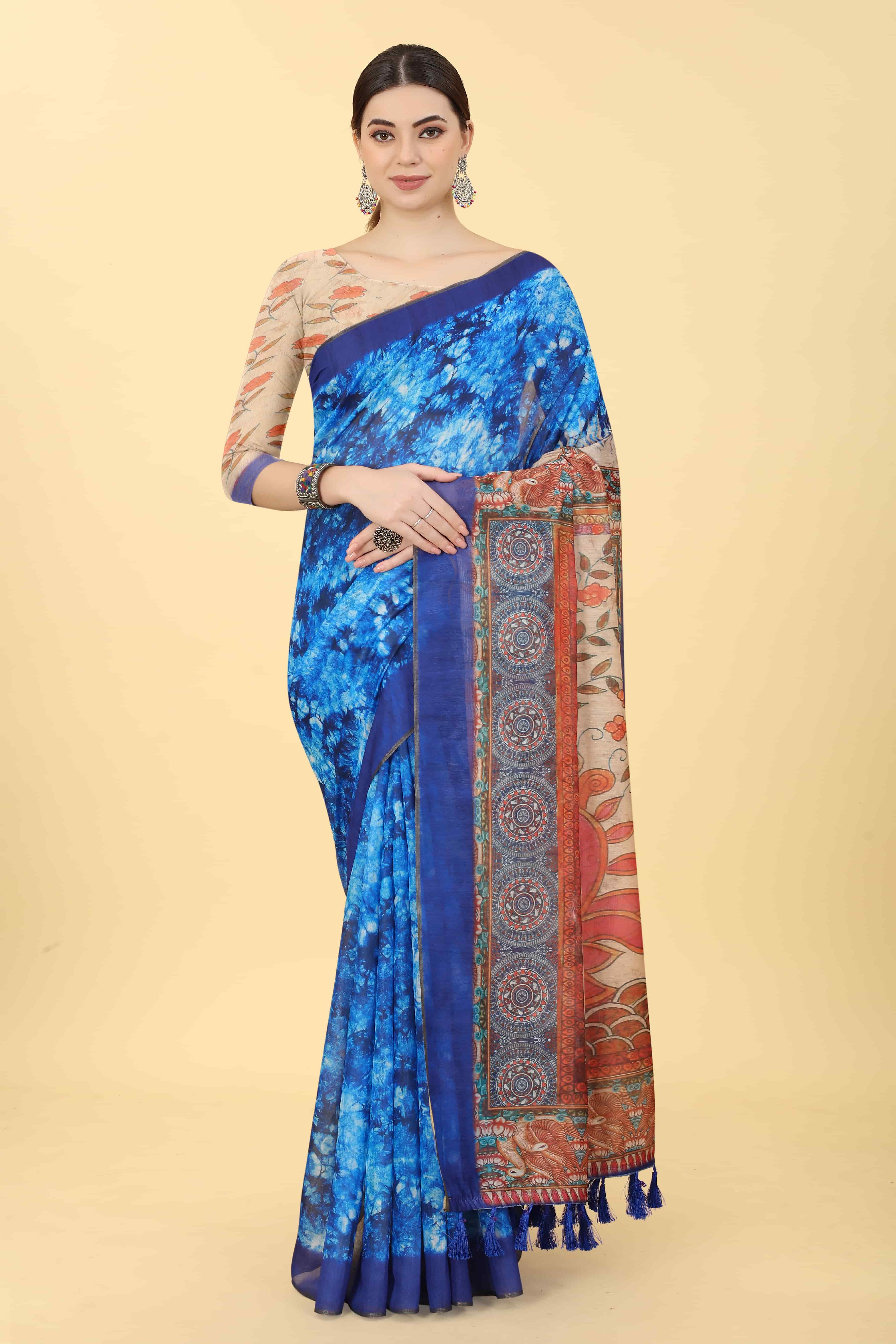 Kalamkari Digital Printed Indigo Saree