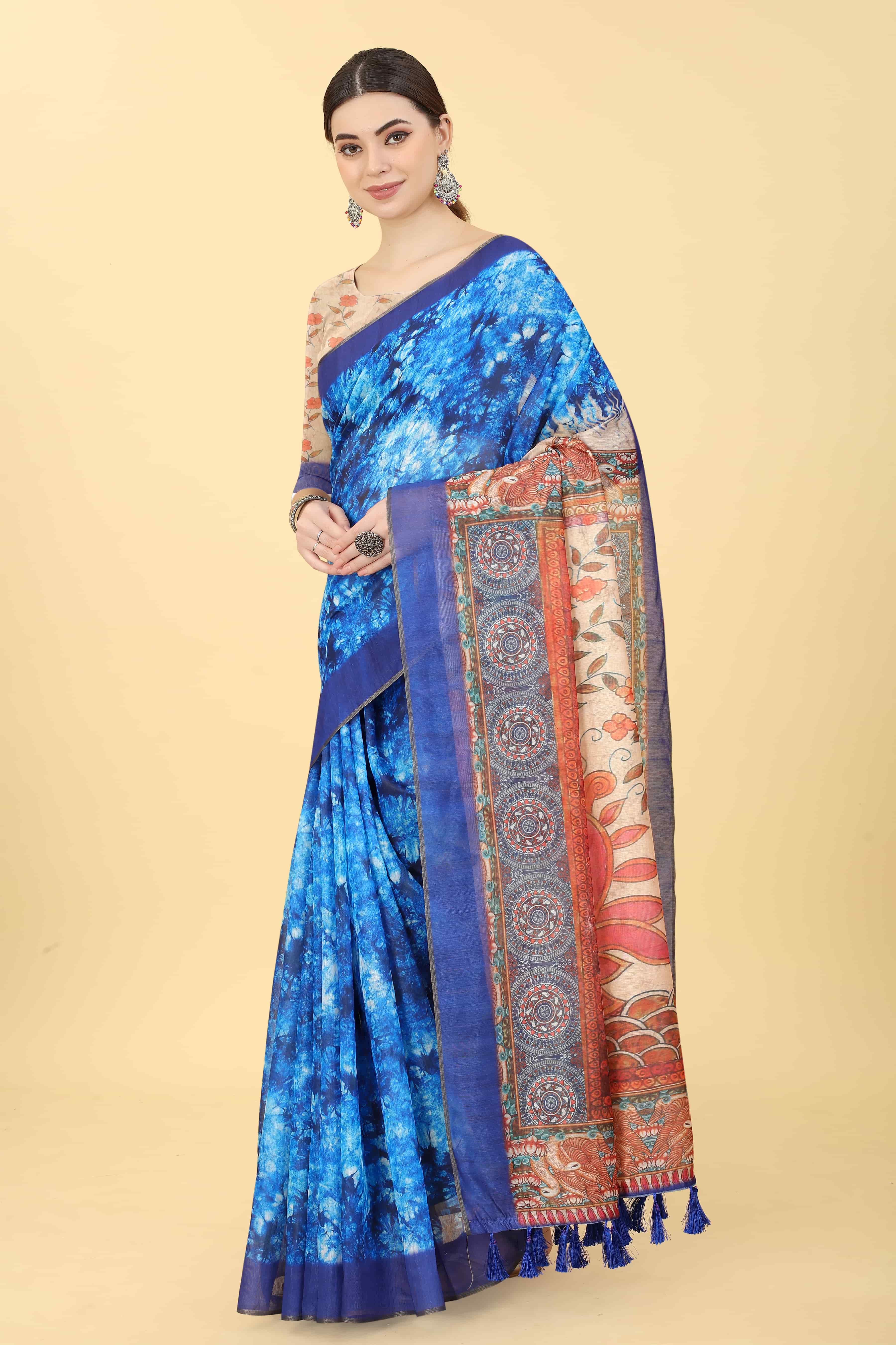 Kalamkari Digital Printed Indigo Saree