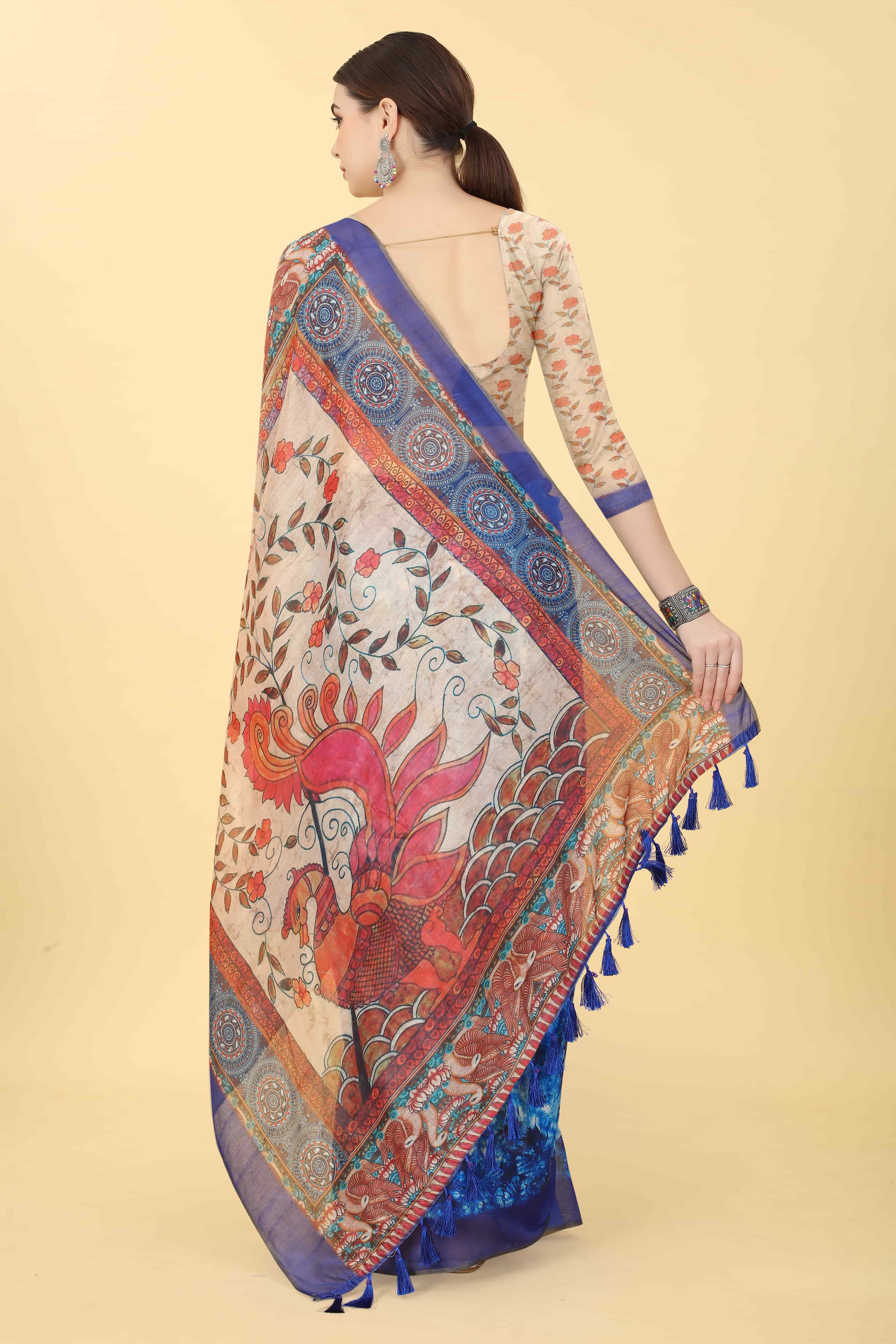 Kalamkari Digital Printed Indigo Saree