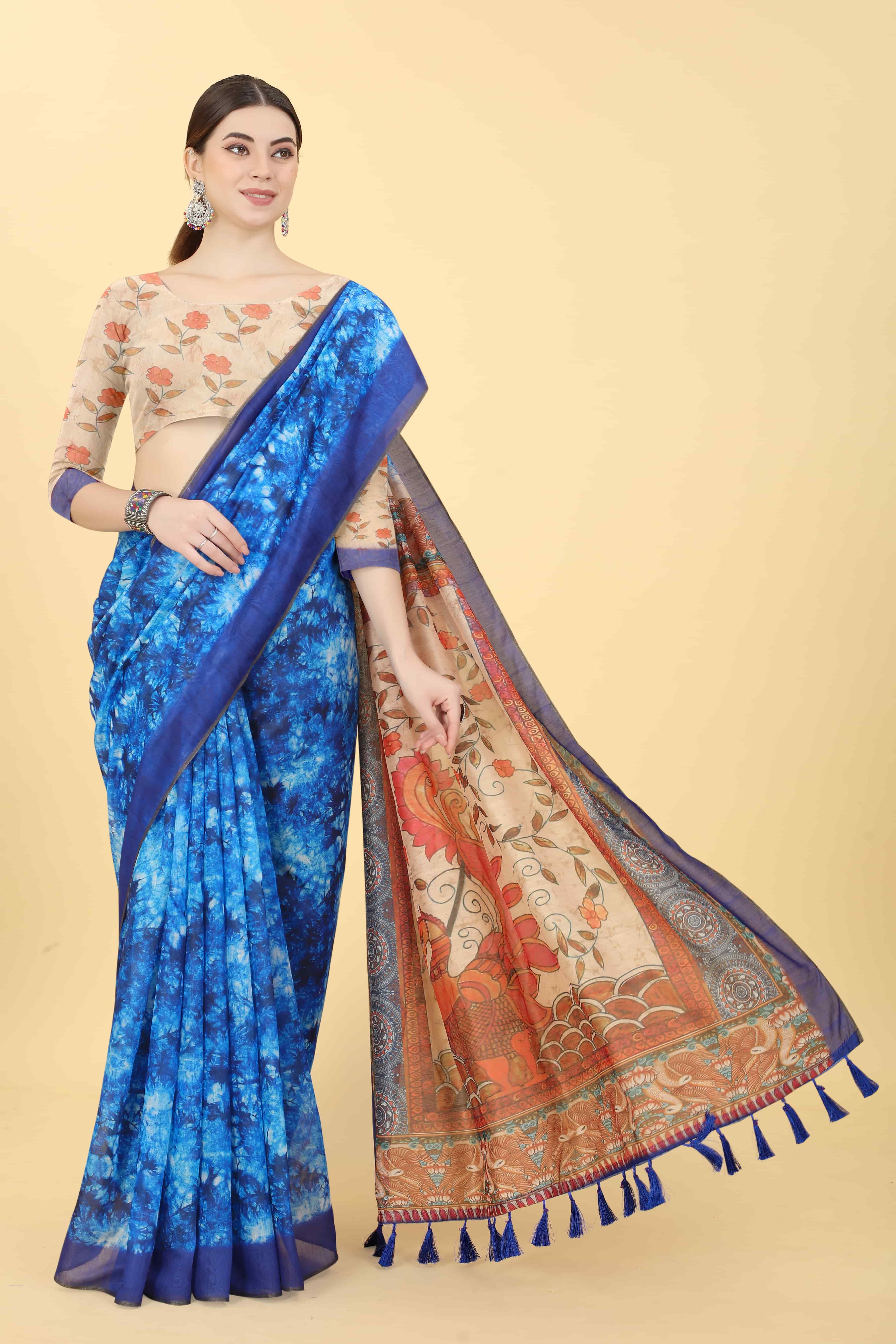 Kalamkari Digital Printed Indigo Saree