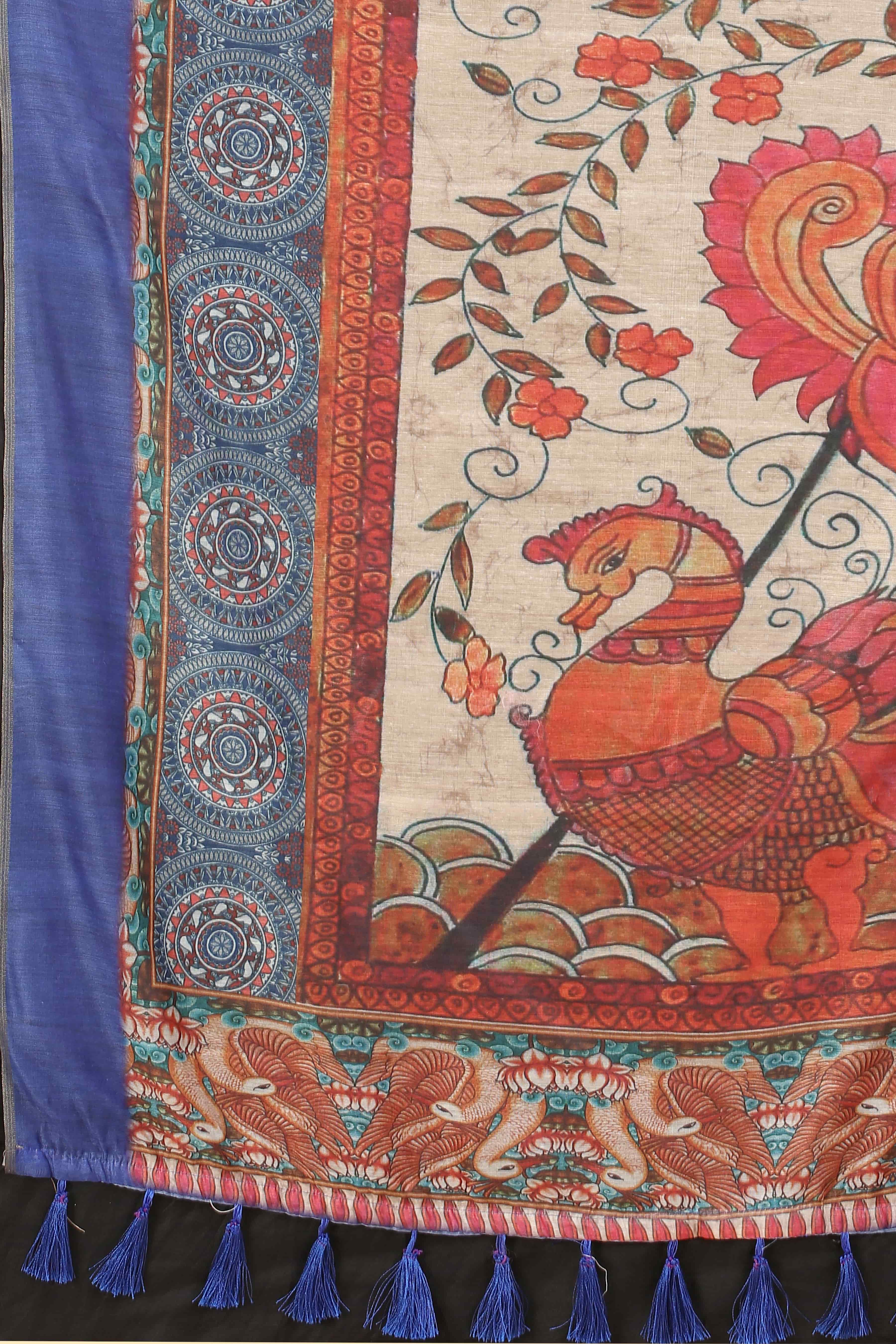 Kalamkari Digital Printed Indigo Saree