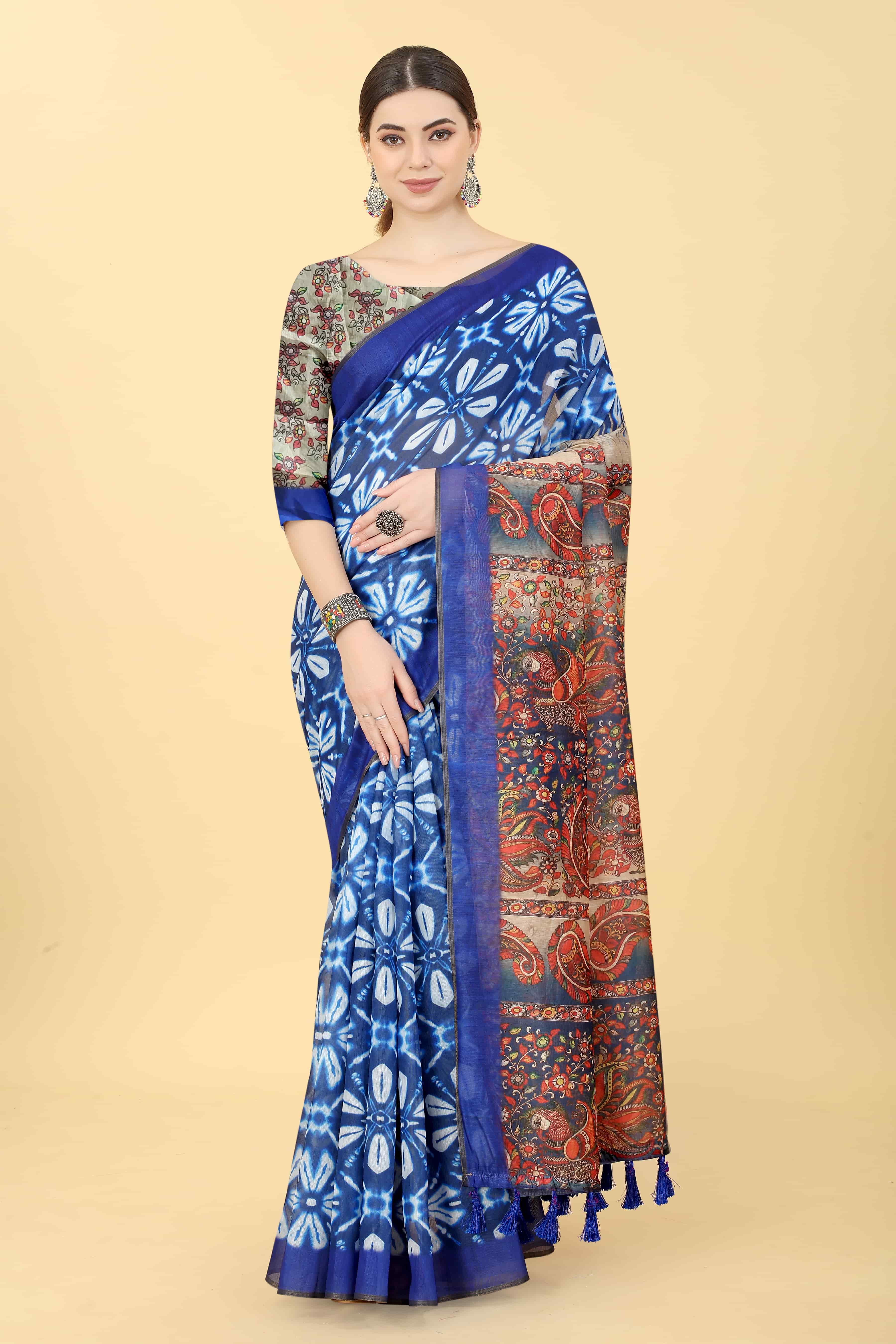 Kalamkari Digital Printed Indigo Saree