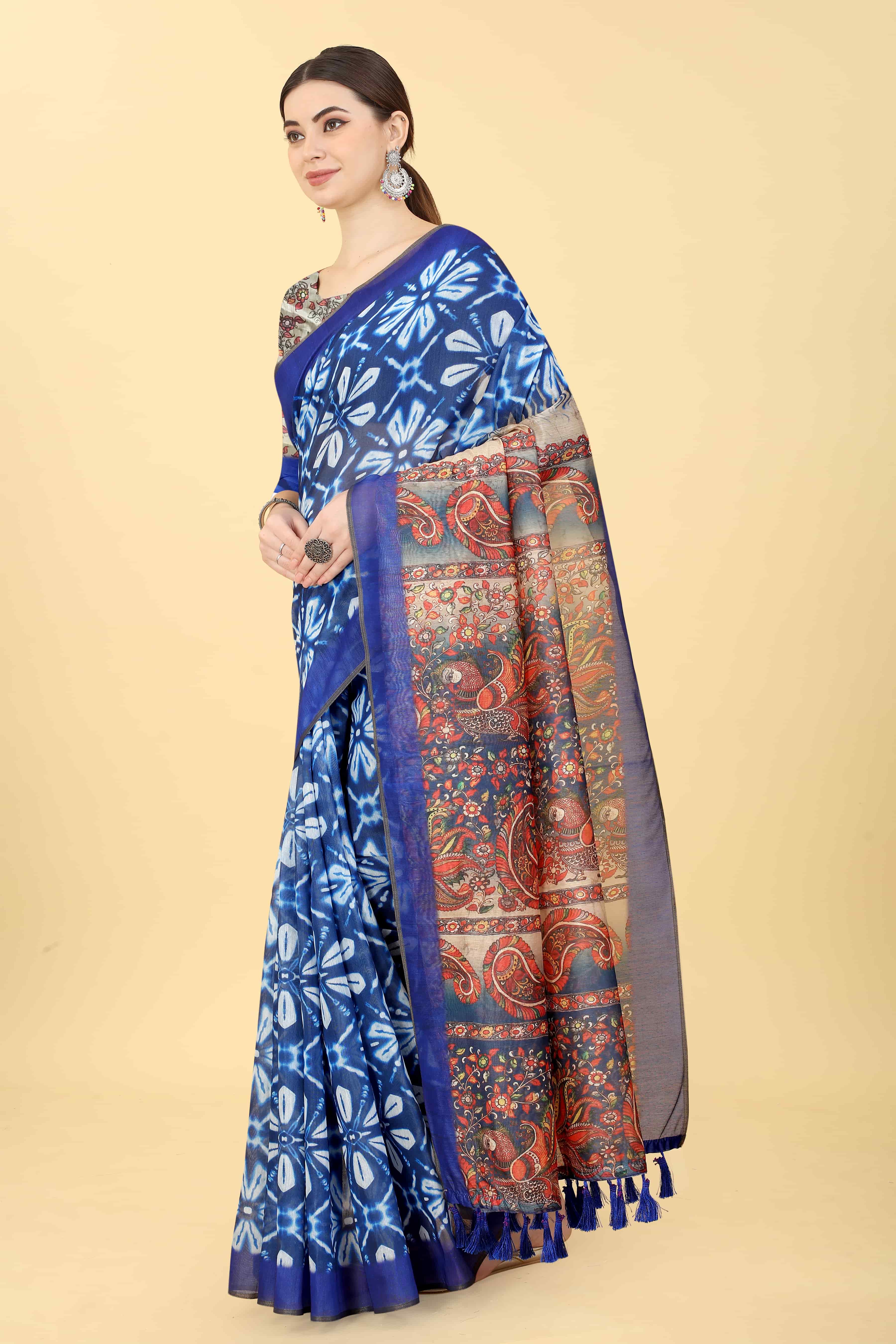 Kalamkari Digital Printed Indigo Saree
