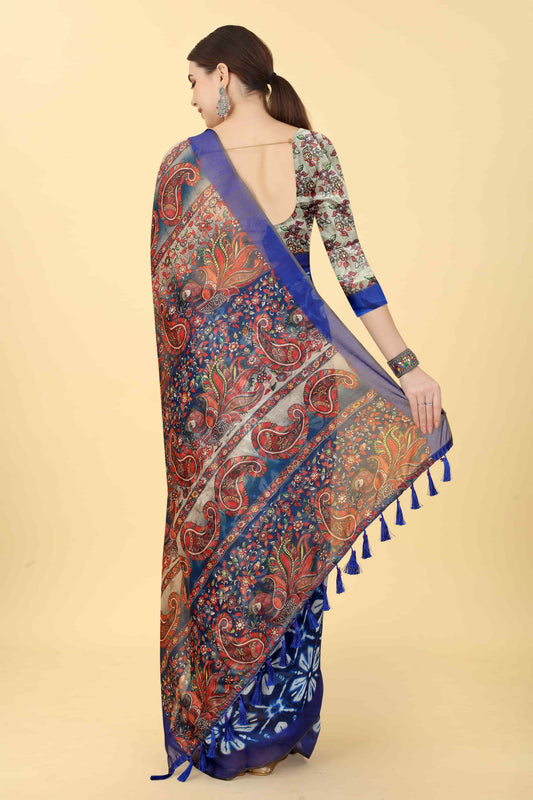 Kalamkari Digital Printed Indigo Saree