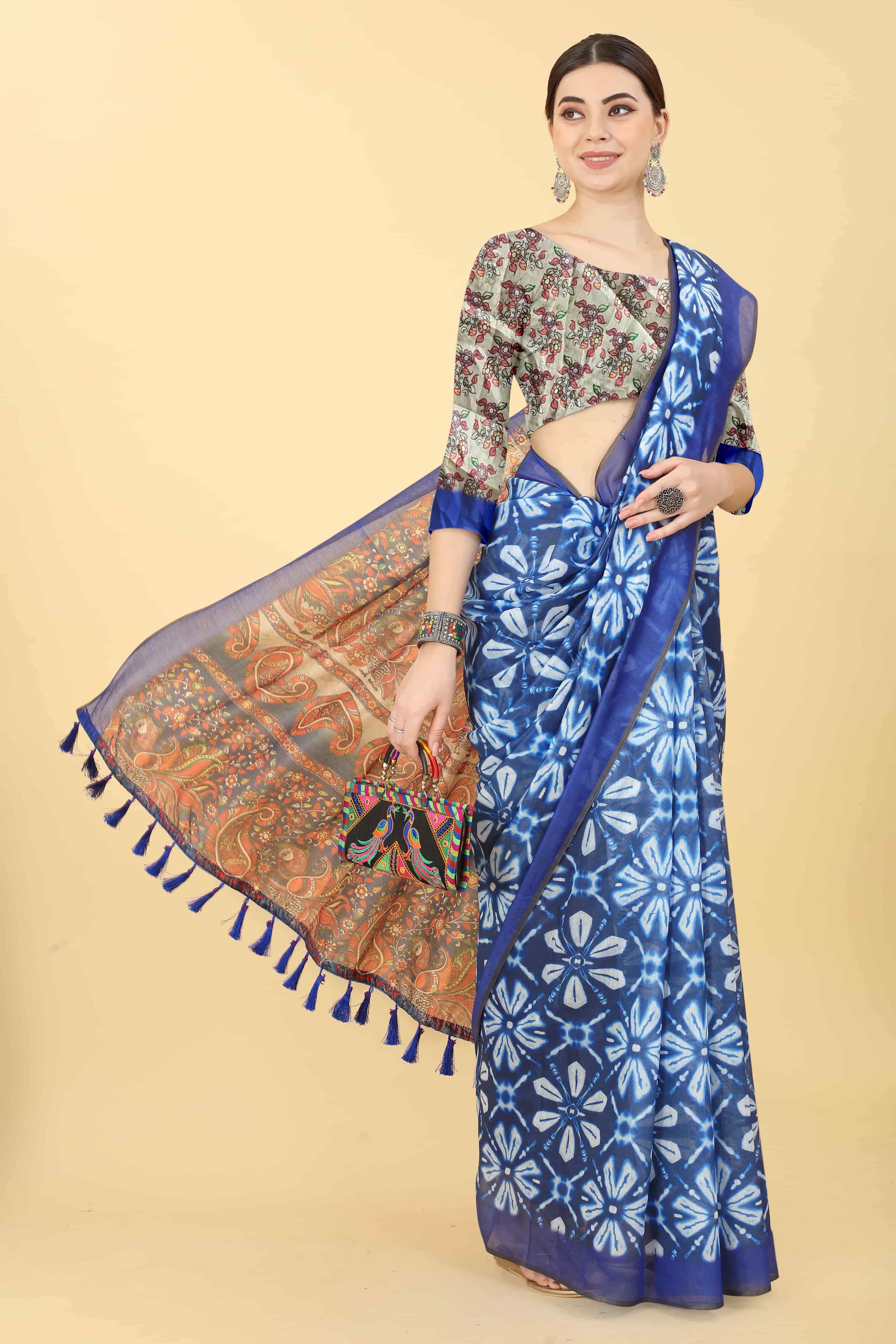 Kalamkari Digital Printed Indigo Saree