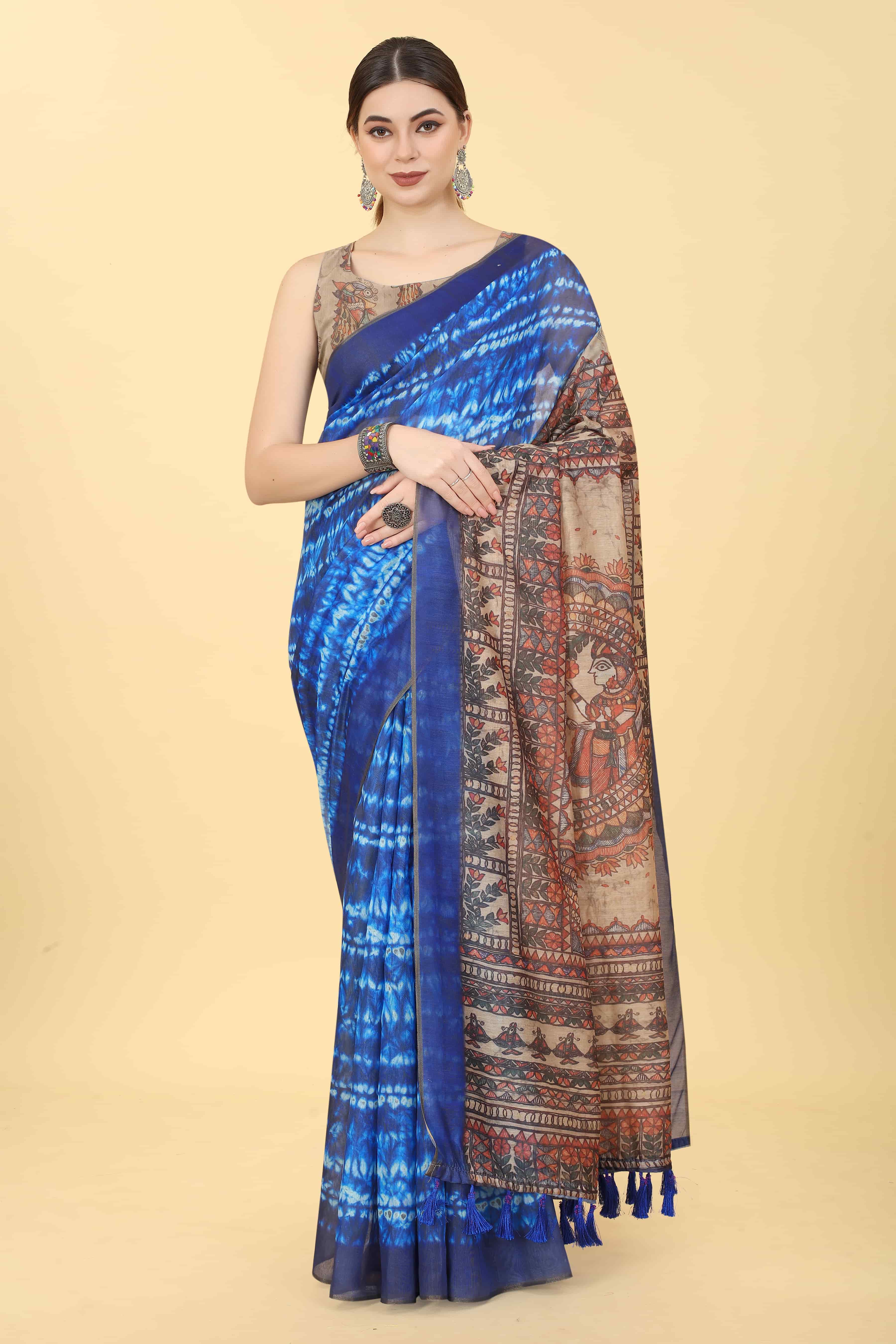Kalamkari Digital Printed Indigo Saree