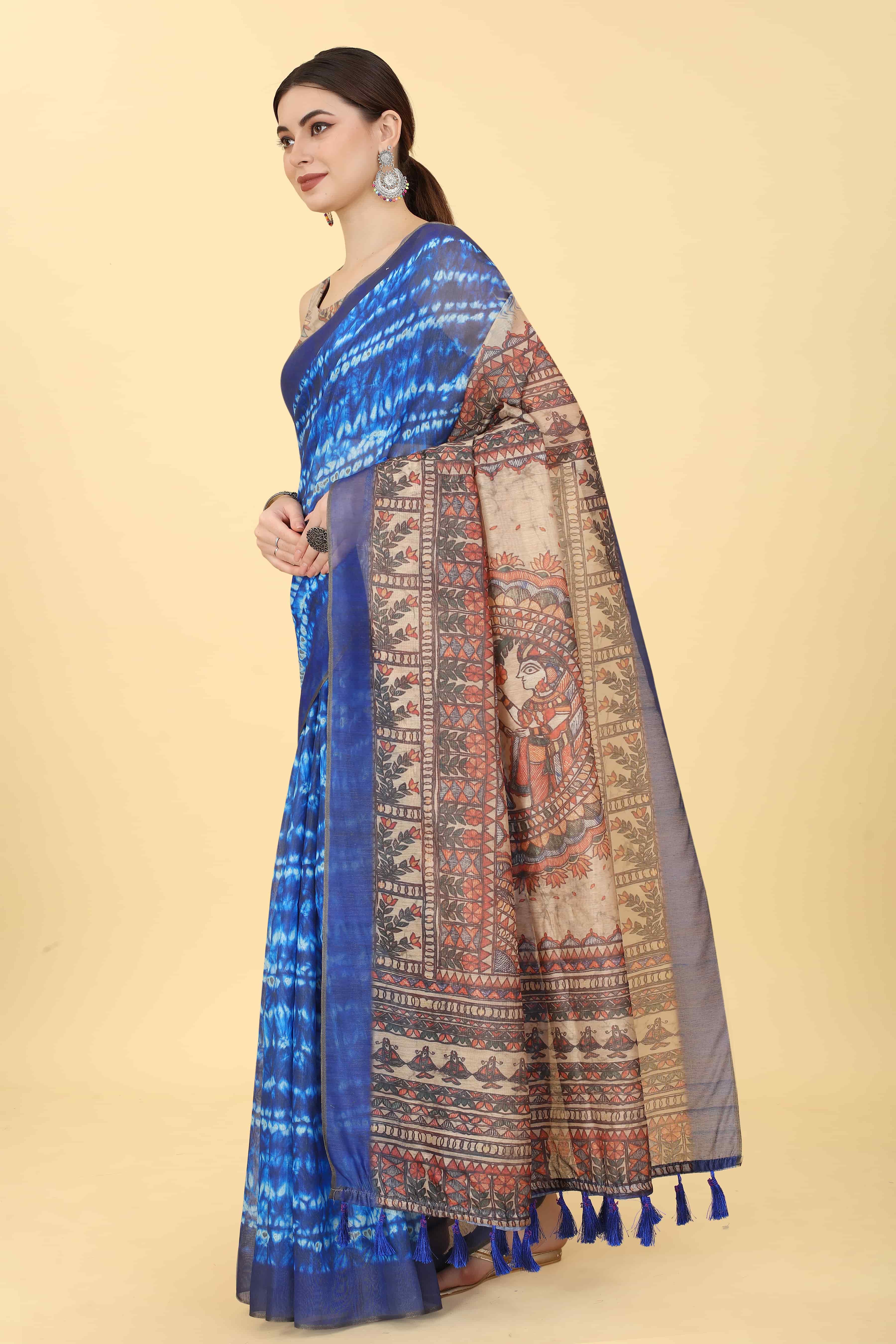 Kalamkari Digital Printed Indigo Saree